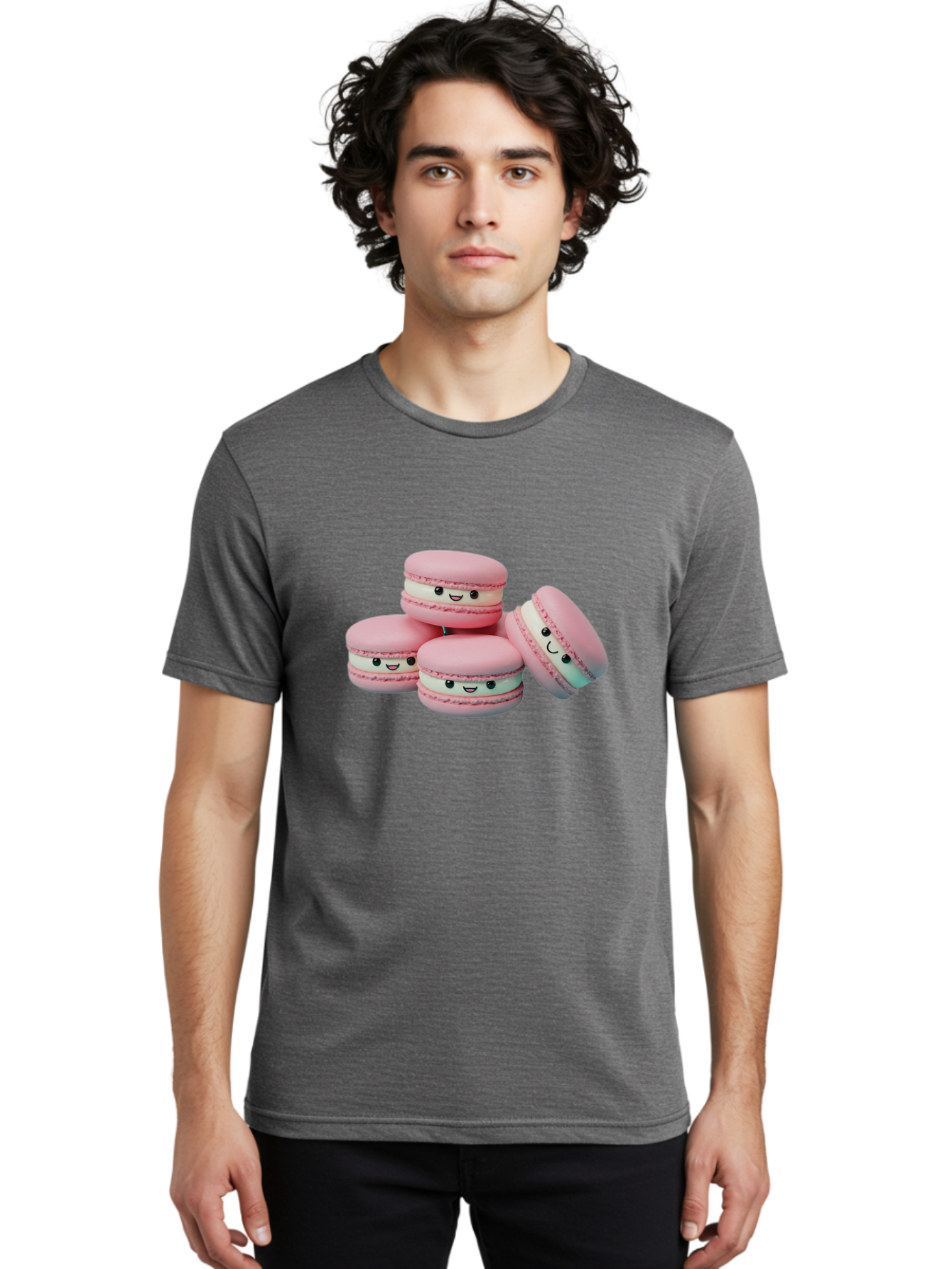 Squishy-Macarons Men'S Graphic Tee, 100% Cotton, Comfortable Casual Summer Wear, Machine Washable, Pink Macarons, Smiling Faces, Cute Desserts, Stack Of Macaroons, Sweet Treats, Adorable Faces, Tasty Macarons, Dessert Lovers, Kawaii Food Bab445 4