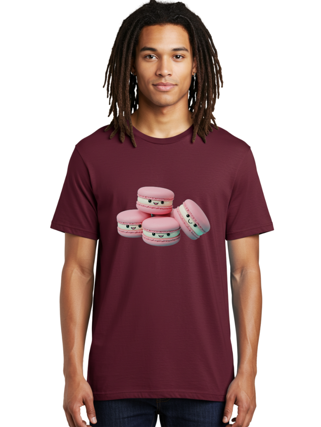 Squishy-Macarons Men'S Graphic Tee, 100% Cotton, Comfortable Casual Summer Wear, Machine Washable, Pink Macarons, Smiling Faces, Cute Desserts, Stack Of Macaroons, Sweet Treats, Adorable Faces, Tasty Macarons, Dessert Lovers, Kawaii Food Bab445 18