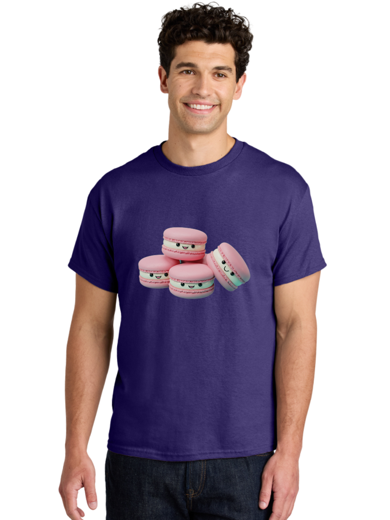 Squishy-Macarons Men'S Graphic Tee, 100% Cotton, Comfortable Casual Summer Wear, Machine Washable, Pink Macarons, Smiling Faces, Cute Desserts, Stack Of Macaroons, Sweet Treats, Adorable Faces, Tasty Macarons, Dessert Lovers, Kawaii Food Bab445 10