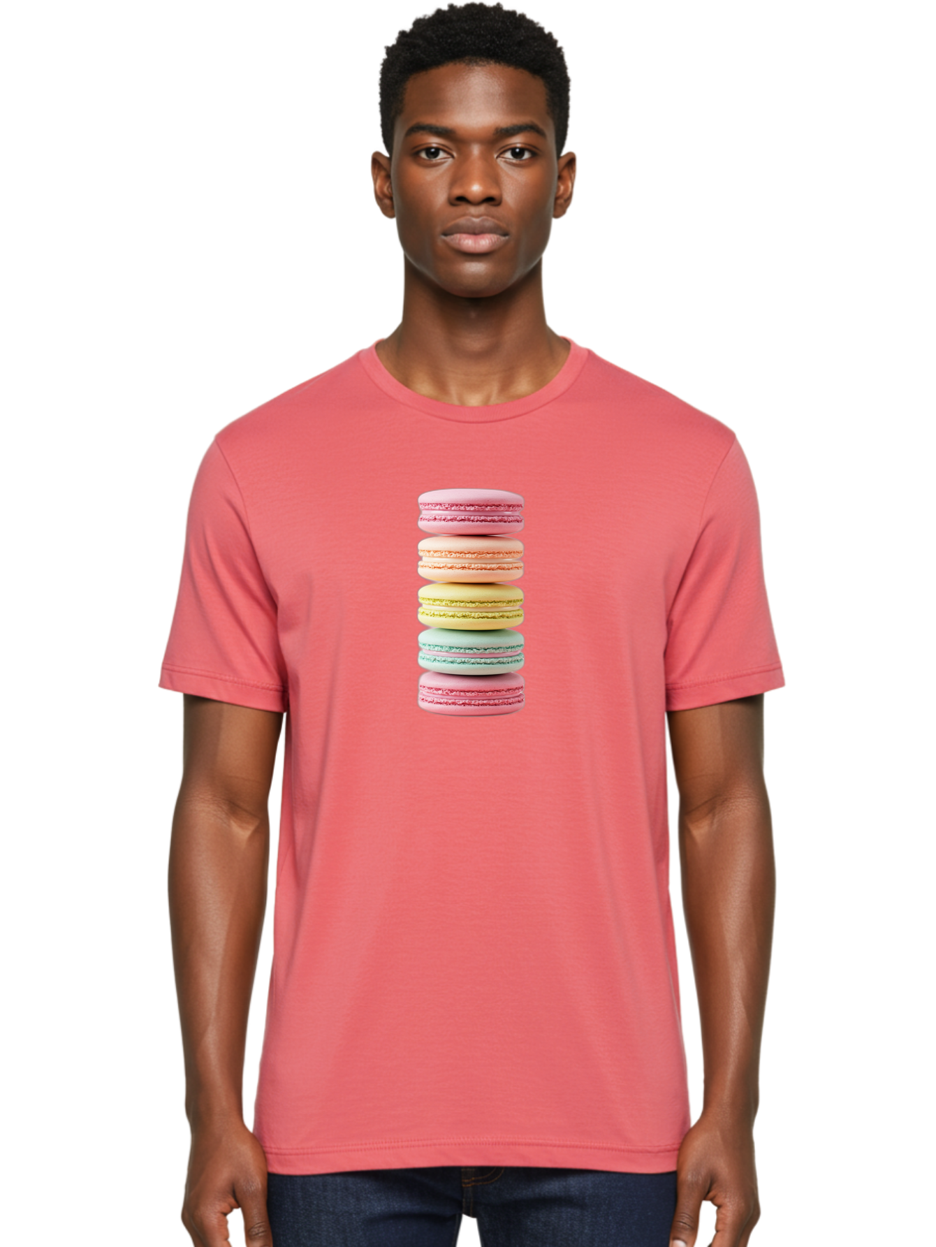 Stacked-Macarons-1 Men'S Graphic Tee, 100% Cotton, Comfortable Casual Summer Wear, Machine Washable, Colorful Macarons, Pastel Colors, Stacked Treats, Sweet Delights, Dessert Lovers, Macaron Tower, French Patisserie, Colorful Sweets, Bab451 2