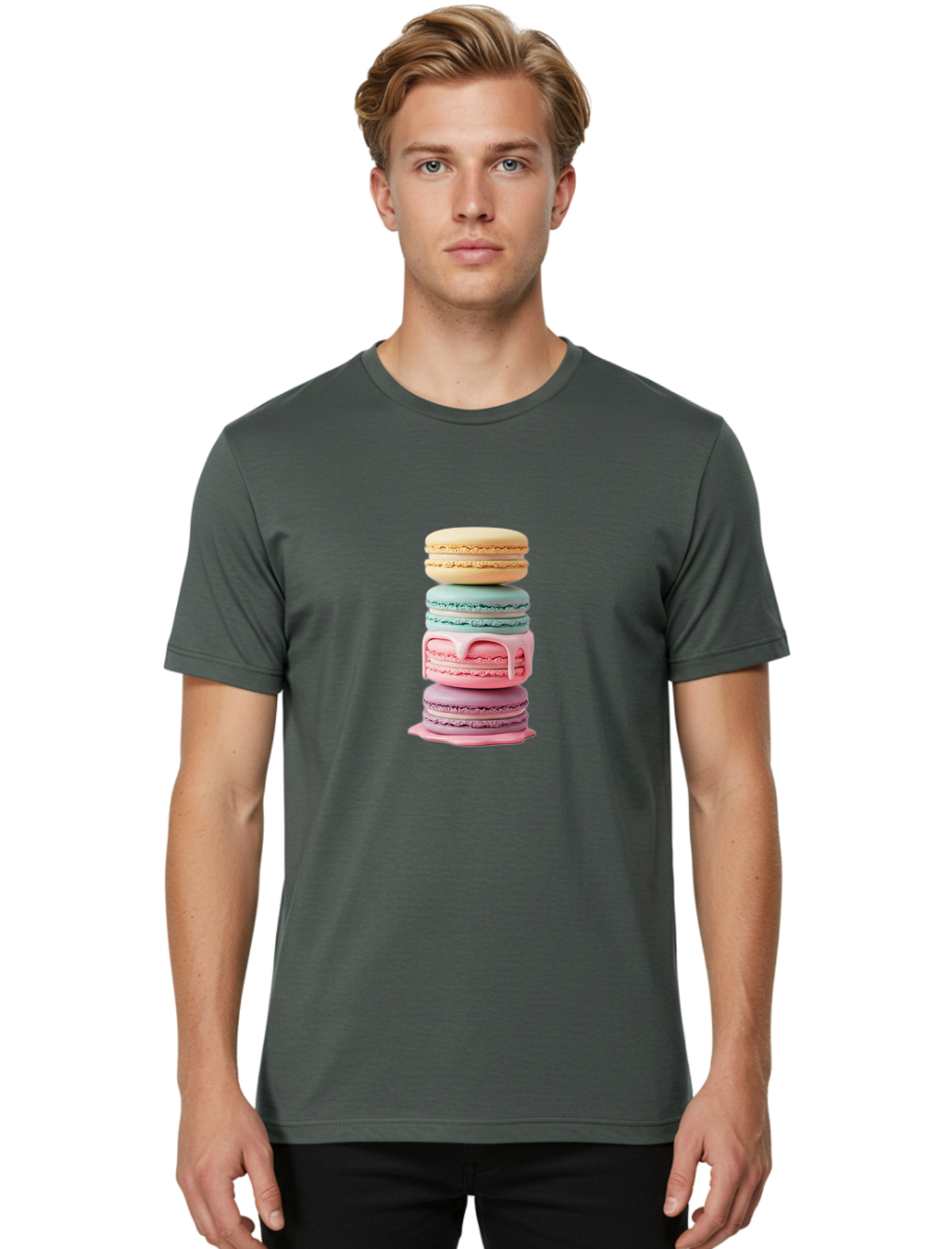 Stacked-Macarons-3 Men'S Graphic Tee, 100% Cotton, Comfortable Casual Summer Wear, Machine Washable, Stack Of Macarons, Pastel Colors, Sweet Treats, Dessert Lovers, French Patisserie, Creamy Filling, Delicate Meringue, Layered Macarons, Bab453 30