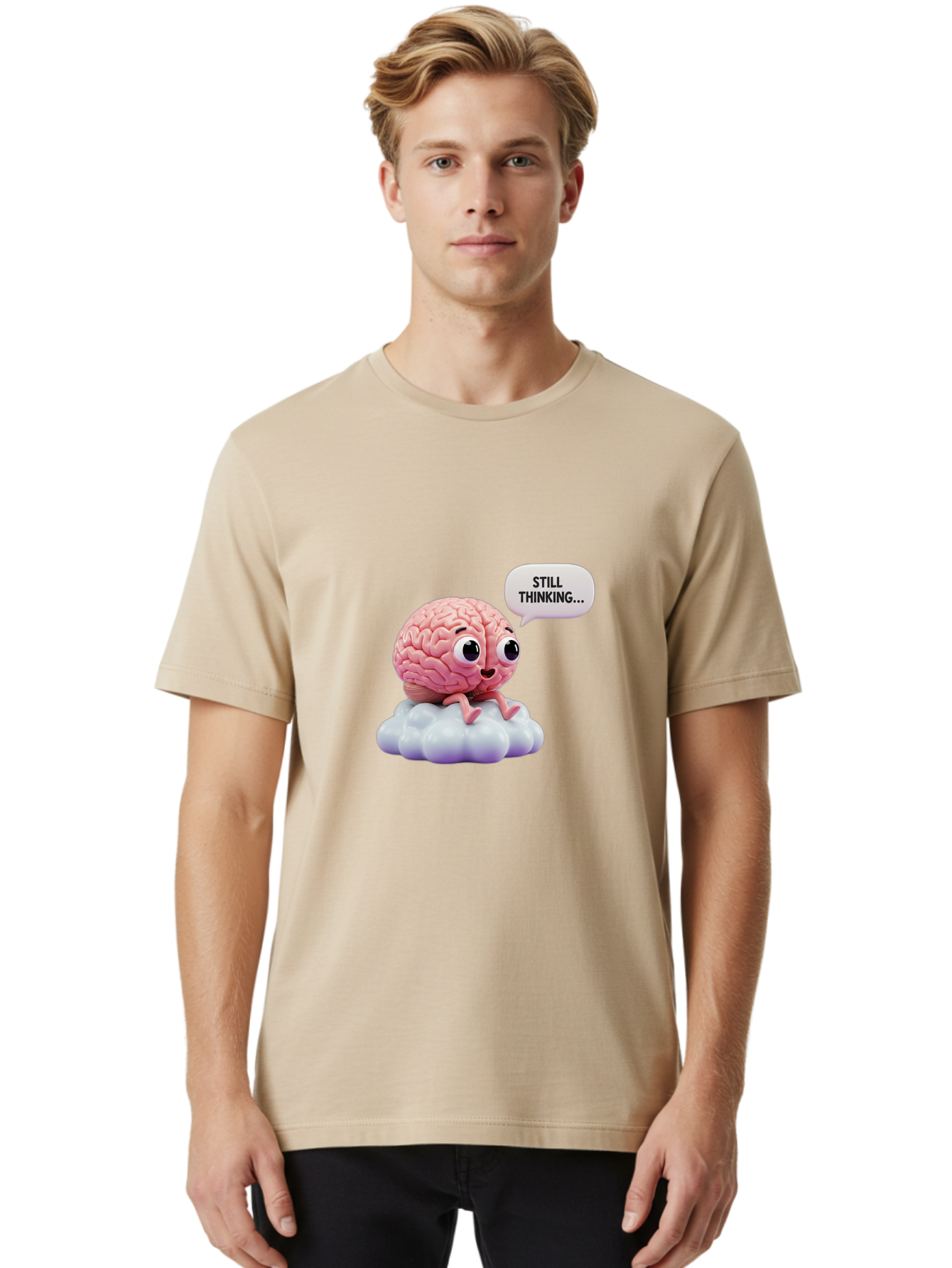 Still-Thinking-Brain Men'S Graphic Tee, 100% Cotton, Comfortable Casual Summer Wear, Machine Washable, Cartoon Brain, Thinking Face, Problem Solving, Decision Making, Critical Thinking, Cognitive Function, Brain Power, Funny Character, Bab471 18