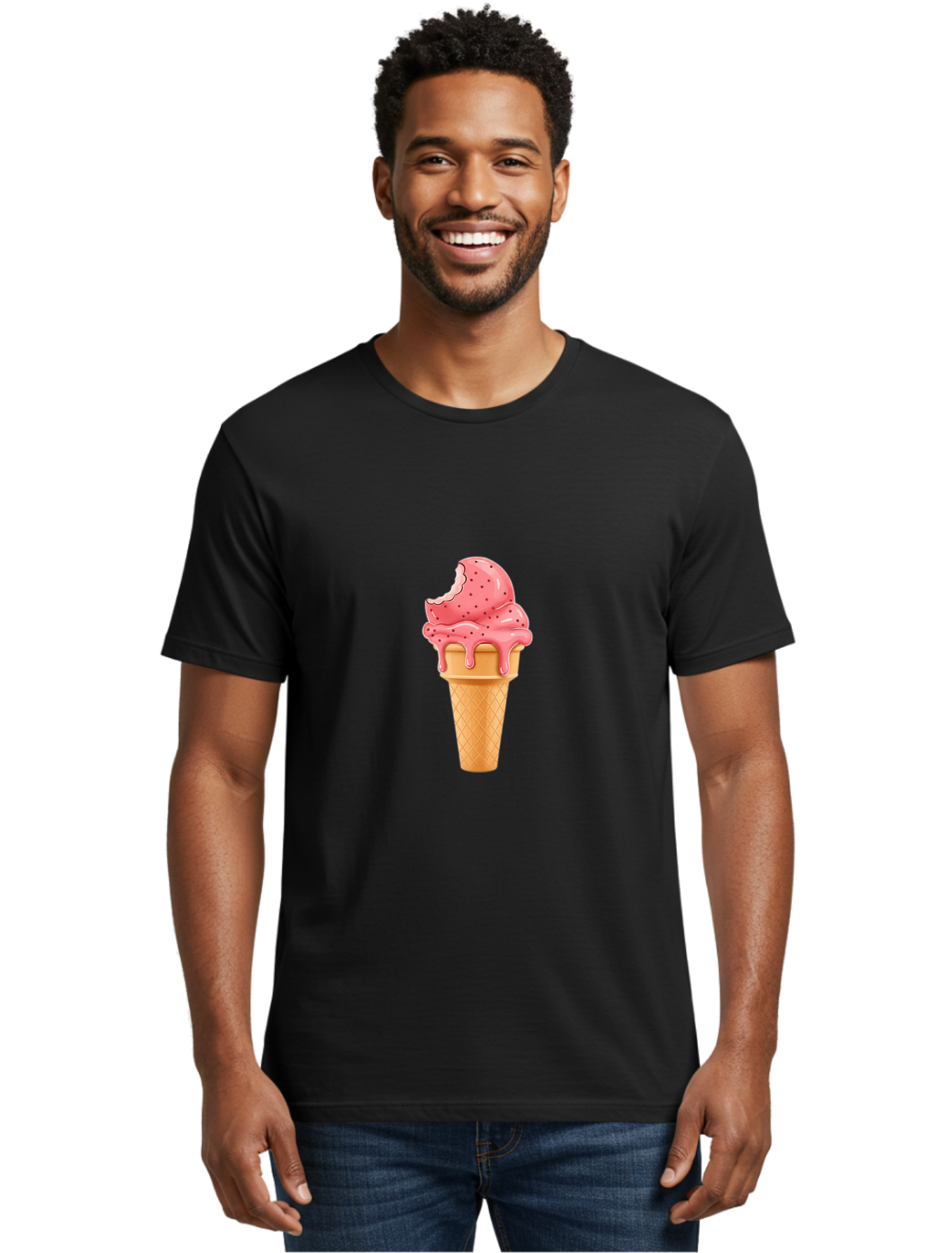 Strawberry-Ice-Cream-Cone Men'S Graphic Tee, 100% Cotton, Comfortable Casual Summer Wear, Machine Washable, Pink Strawberry Ice Cream, Melting Ice Cream, Waffle Cone, Sweet Treats, Dessert Lover, Summer Snack, Strawberry Flavor Bab473 6