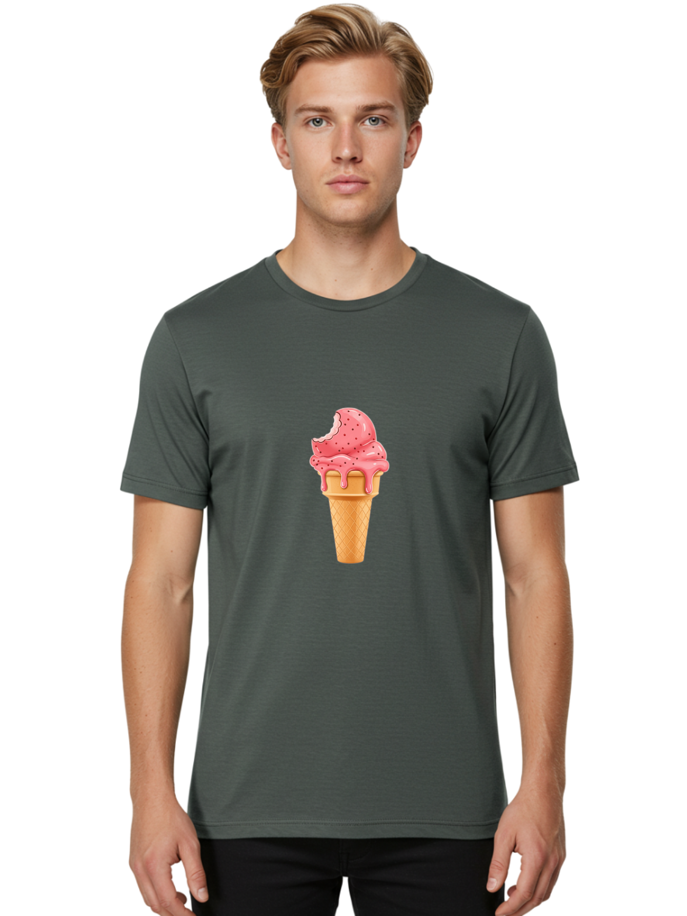 Strawberry-Ice-Cream-Cone Men'S Graphic Tee, 100% Cotton, Comfortable Casual Summer Wear, Machine Washable, Pink Strawberry Ice Cream, Melting Ice Cream, Waffle Cone, Sweet Treats, Dessert Lover, Summer Snack, Strawberry Flavor Bab473 14