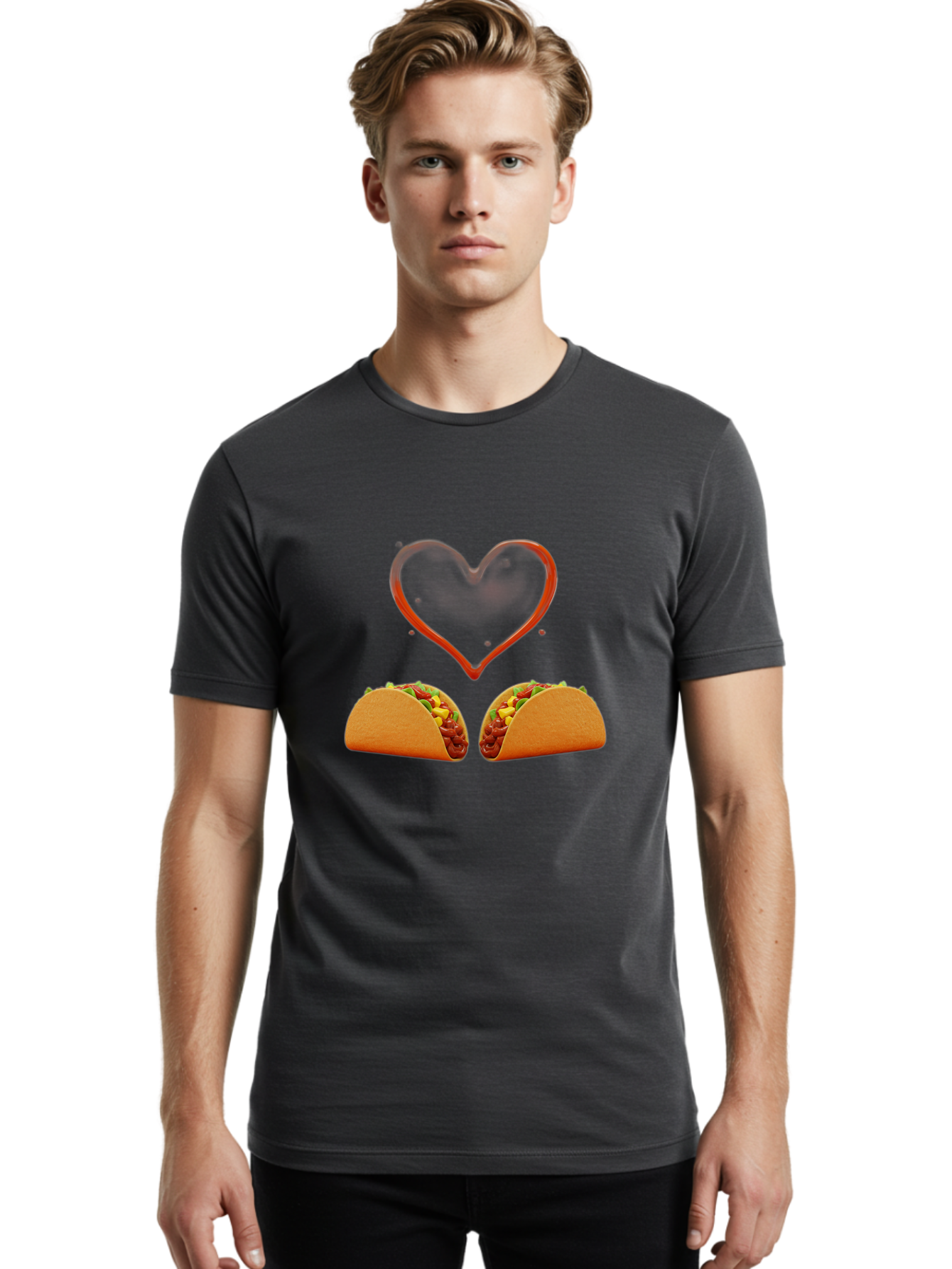 Tacos-And-Heart Men'S Graphic Tee, 100% Cotton, Comfortable Casual Summer Wear, Machine Washable, Tacos With Meat, Corn, Salsa, Love Heart, Red Outline, Delicious Food, Mexican Cuisine, Tasty Treats, Vibrant Colors, Savory Dishes Bab487 30