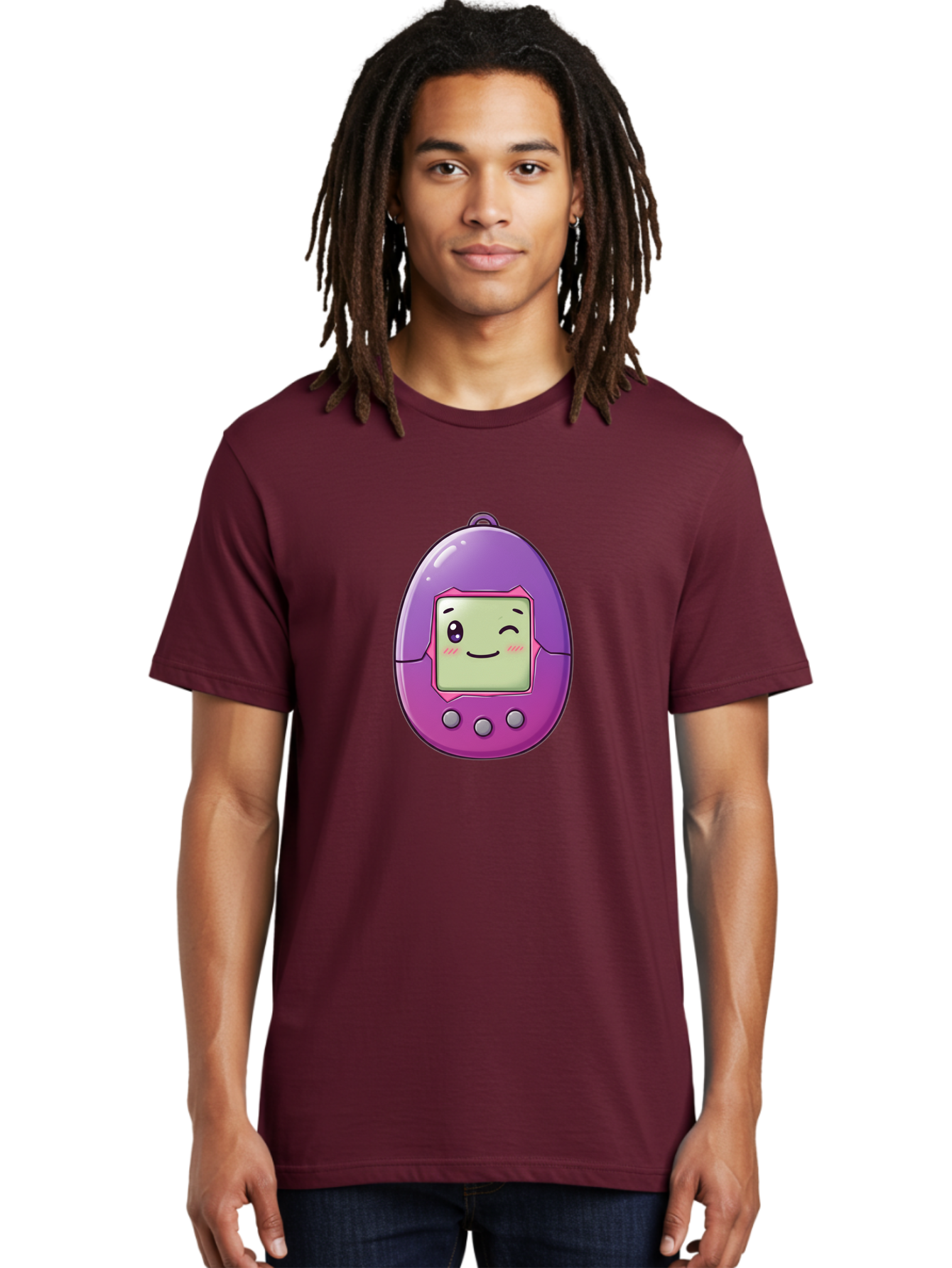 Tamagotchi-2 Men'S Graphic Tee, 100% Cotton, Comfortable Casual Summer Wear, Machine Washable, Digital Pet, Cartoon Character, Kawaii Culture, Retro Gaming, Nostalgic Toy, Egg-Shaped Device, Purple And Pink, Cute Design, 90S Nostalgia, Bab496 24