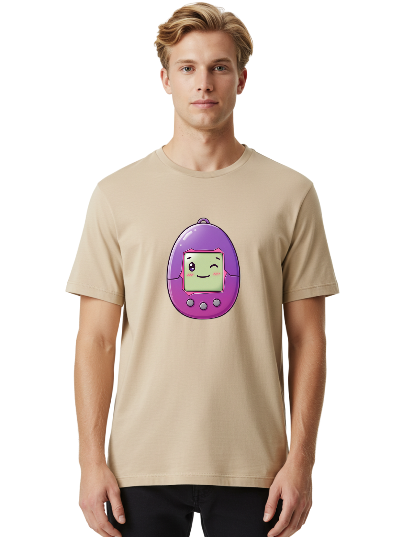 Tamagotchi-2 Men'S Graphic Tee, 100% Cotton, Comfortable Casual Summer Wear, Machine Washable, Digital Pet, Cartoon Character, Kawaii Culture, Retro Gaming, Nostalgic Toy, Egg-Shaped Device, Purple And Pink, Cute Design, 90S Nostalgia, Bab496 22