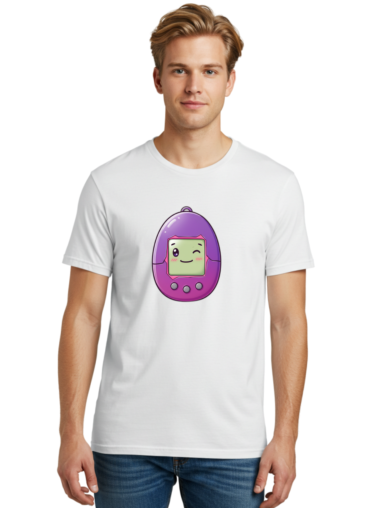 Tamagotchi-2 Men'S Graphic Tee, 100% Cotton, Comfortable Casual Summer Wear, Machine Washable, Digital Pet, Cartoon Character, Kawaii Culture, Retro Gaming, Nostalgic Toy, Egg-Shaped Device, Purple And Pink, Cute Design, 90S Nostalgia, Bab496 28