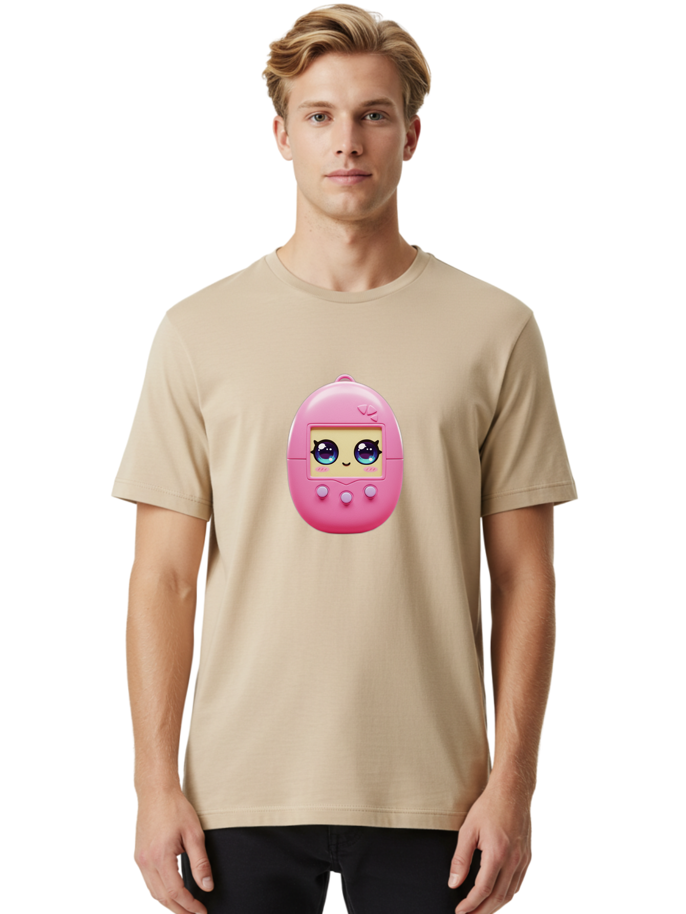 Tamagotchi-6 Men'S Graphic Tee, 100% Cotton, Comfortable Casual Summer Wear, Machine Washable, Pink Digital Pet, Cartoon Eyes, Kawaii Character, Nostalgia, Retro Gaming, Digital Creature Bab500 20