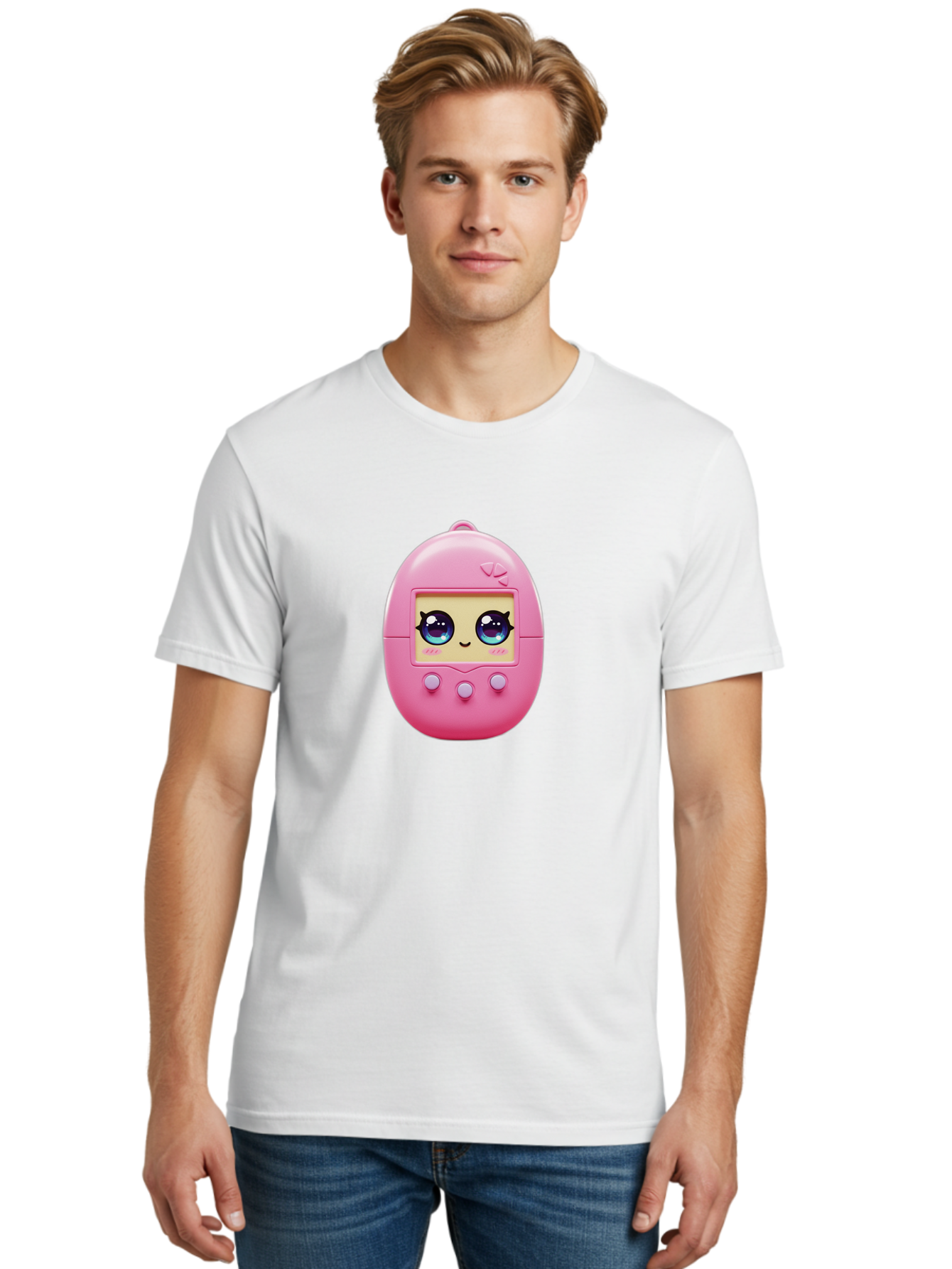 Tamagotchi-6 Men'S Graphic Tee, 100% Cotton, Comfortable Casual Summer Wear, Machine Washable, Pink Digital Pet, Cartoon Eyes, Kawaii Character, Nostalgia, Retro Gaming, Digital Creature Bab500 26