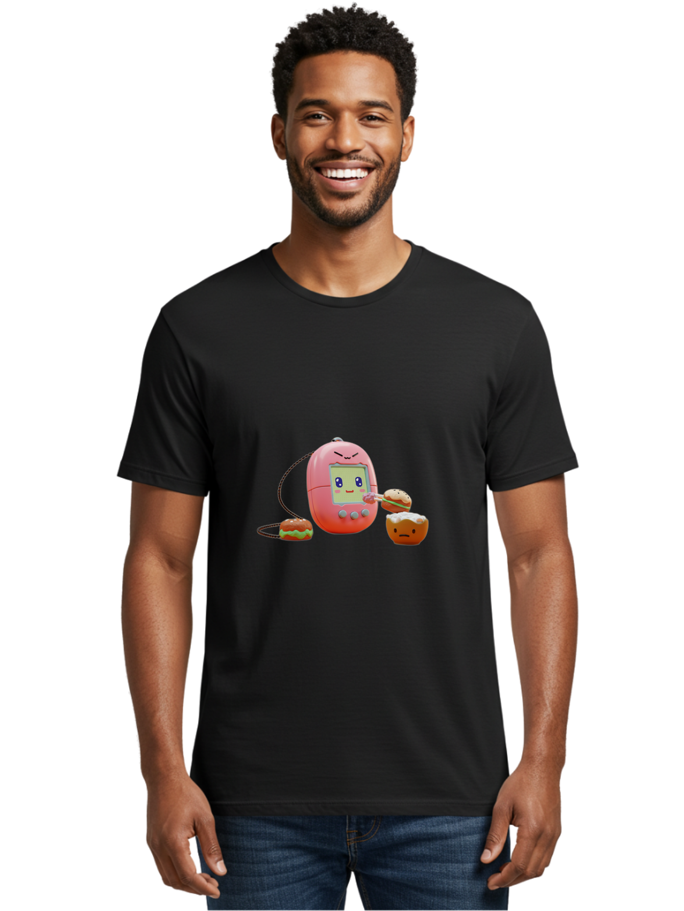 Tamagotchi-Feeding-Burgers Men'S Graphic Tee, 100% Cotton, Comfortable Casual Summer Wear, Machine Washable, Tamagotchi Digital Pet, Cartoon Character, Kawaii Culture, Handheld Game, Pastel Colors, Burger, Food, Digital Creature, Retro Gaming, Bab504 29