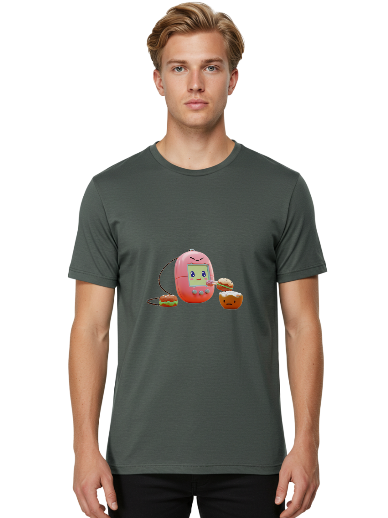 Tamagotchi-Feeding-Burgers Men'S Graphic Tee, 100% Cotton, Comfortable Casual Summer Wear, Machine Washable, Tamagotchi Digital Pet, Cartoon Character, Kawaii Culture, Handheld Game, Pastel Colors, Burger, Food, Digital Creature, Retro Gaming, Bab504 16
