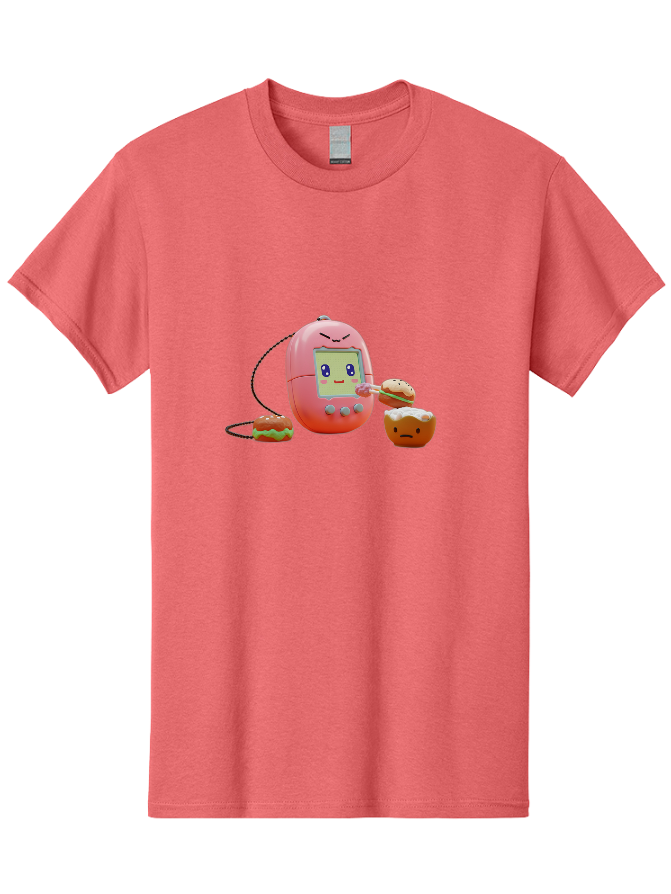 Tamagotchi-Feeding-Burgers Men'S Graphic Tee, 100% Cotton, Comfortable Casual Summer Wear, Machine Washable, Tamagotchi Digital Pet, Cartoon Character, Kawaii Culture, Handheld Game, Pastel Colors, Burger, Food, Digital Creature, Retro Gaming, Bab504 3