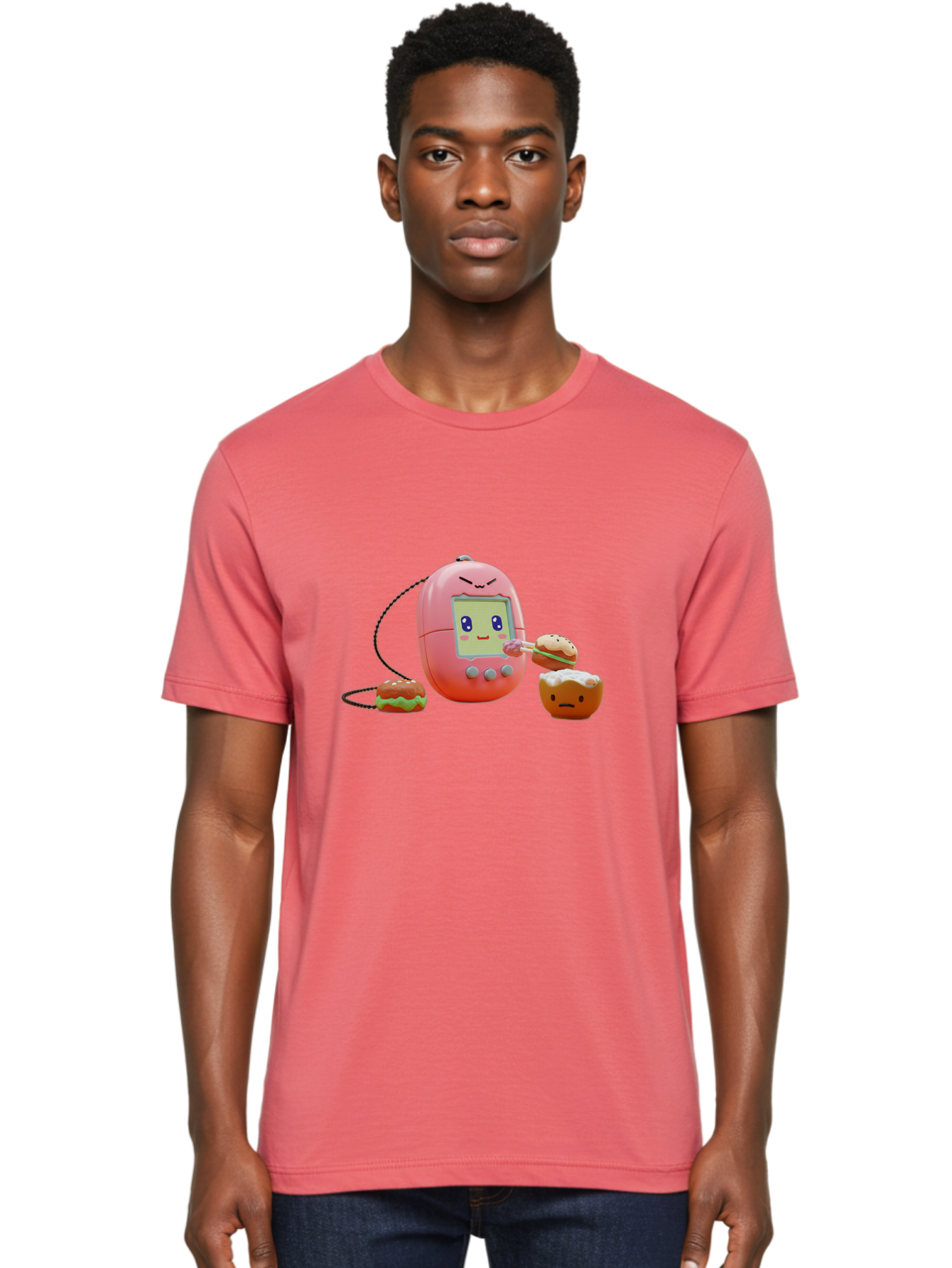 Tamagotchi-Feeding-Burgers Men'S Graphic Tee, 100% Cotton, Comfortable Casual Summer Wear, Machine Washable, Tamagotchi Digital Pet, Cartoon Character, Kawaii Culture, Handheld Game, Pastel Colors, Burger, Food, Digital Creature, Retro Gaming, Bab504 18