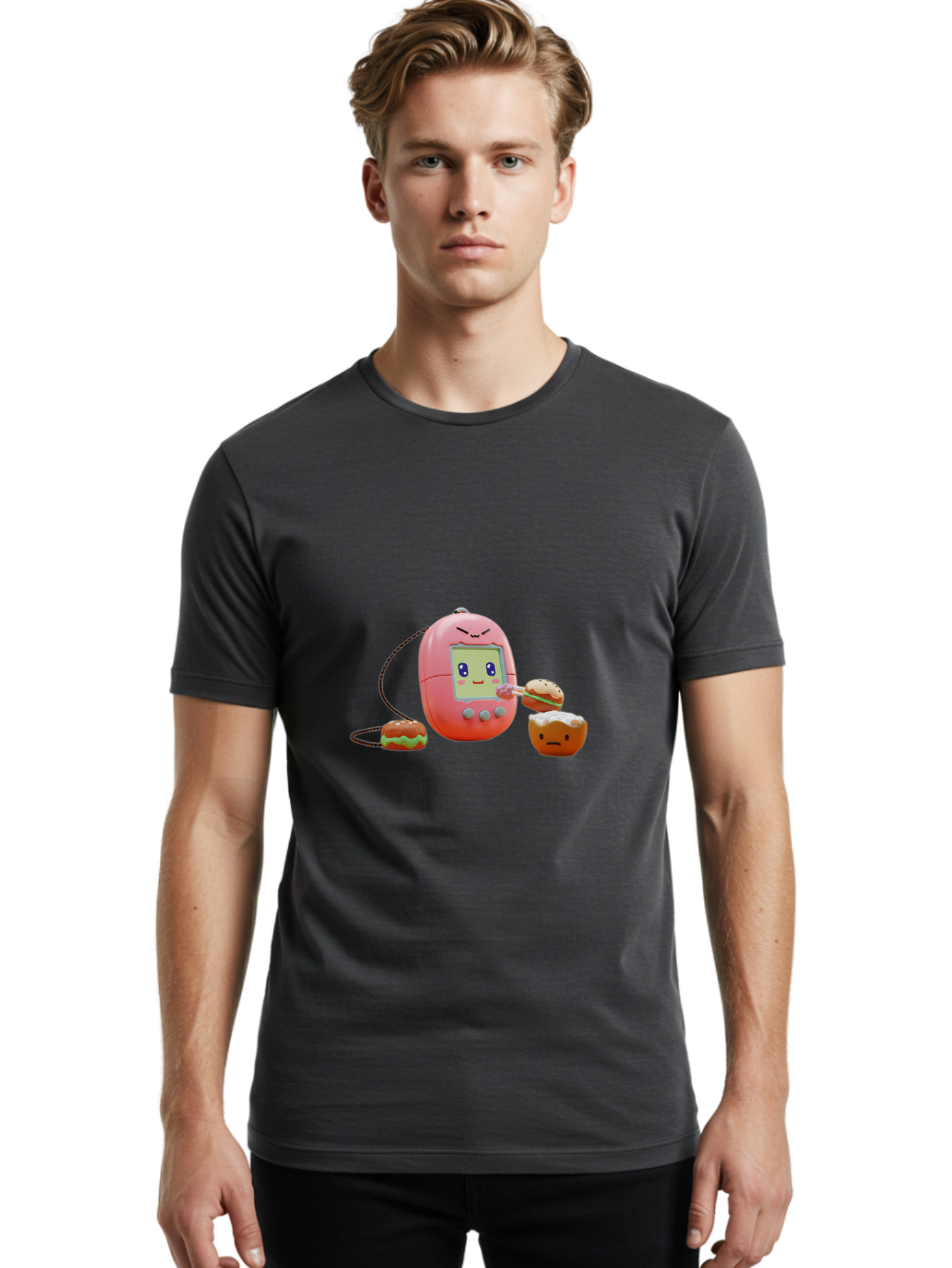 Tamagotchi-Feeding-Burgers Men'S Graphic Tee, 100% Cotton, Comfortable Casual Summer Wear, Machine Washable, Tamagotchi Digital Pet, Cartoon Character, Kawaii Culture, Handheld Game, Pastel Colors, Burger, Food, Digital Creature, Retro Gaming, Bab504 21