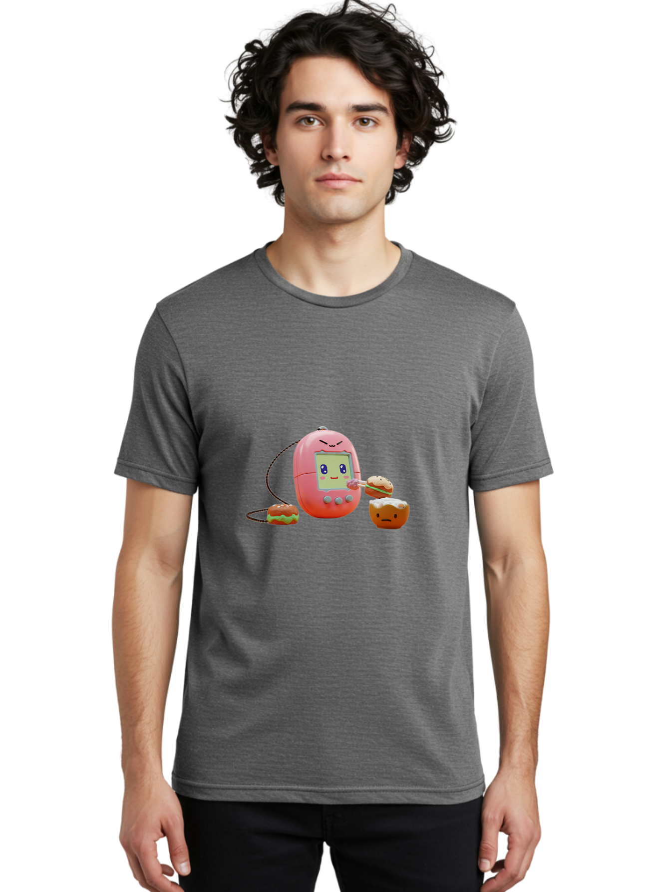 Tamagotchi-Feeding-Burgers Men'S Graphic Tee, 100% Cotton, Comfortable Casual Summer Wear, Machine Washable, Tamagotchi Digital Pet, Cartoon Character, Kawaii Culture, Handheld Game, Pastel Colors, Burger, Food, Digital Creature, Retro Gaming, Bab504 17