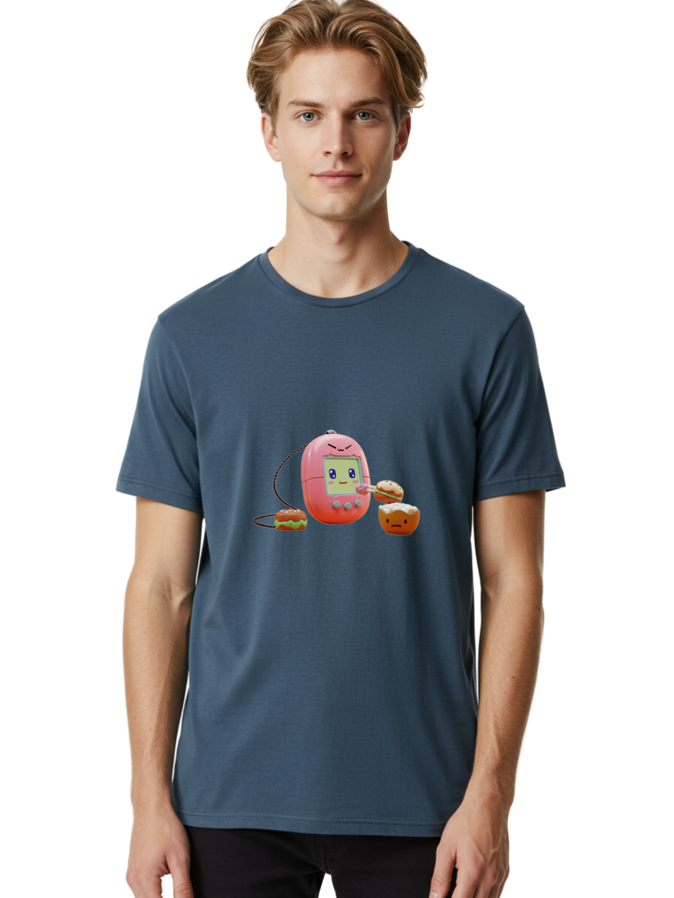 Tamagotchi-Feeding-Burgers Men'S Graphic Tee, 100% Cotton, Comfortable Casual Summer Wear, Machine Washable, Tamagotchi Digital Pet, Cartoon Character, Kawaii Culture, Handheld Game, Pastel Colors, Burger, Food, Digital Creature, Retro Gaming, Bab504 26