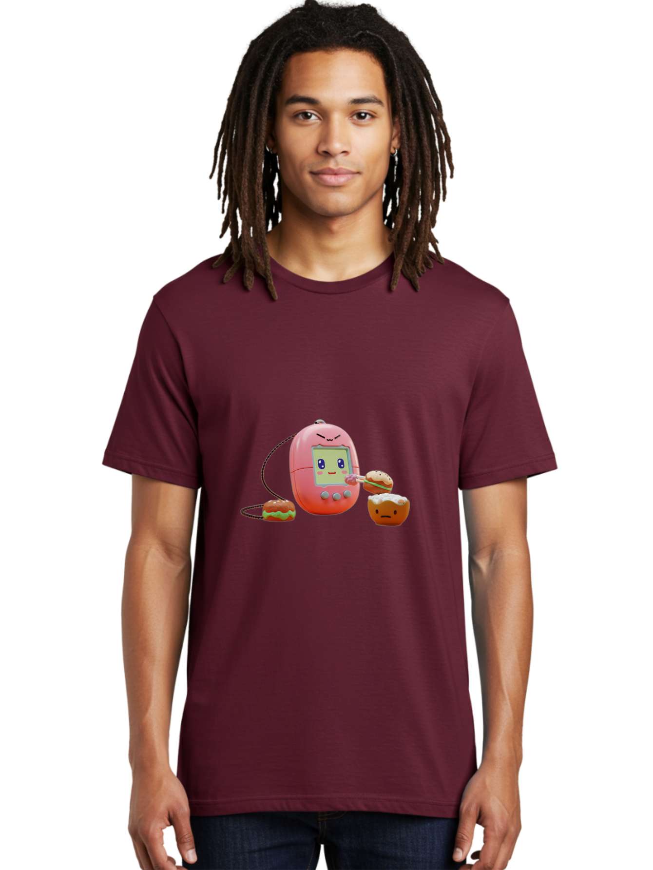 Tamagotchi-Feeding-Burgers Men'S Graphic Tee, 100% Cotton, Comfortable Casual Summer Wear, Machine Washable, Tamagotchi Digital Pet, Cartoon Character, Kawaii Culture, Handheld Game, Pastel Colors, Burger, Food, Digital Creature, Retro Gaming, Bab504 23