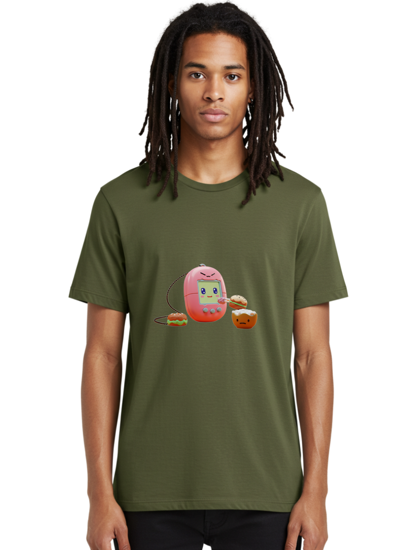 Tamagotchi-Feeding-Burgers Men'S Graphic Tee, 100% Cotton, Comfortable Casual Summer Wear, Machine Washable, Tamagotchi Digital Pet, Cartoon Character, Kawaii Culture, Handheld Game, Pastel Colors, Burger, Food, Digital Creature, Retro Gaming, Bab504 22
