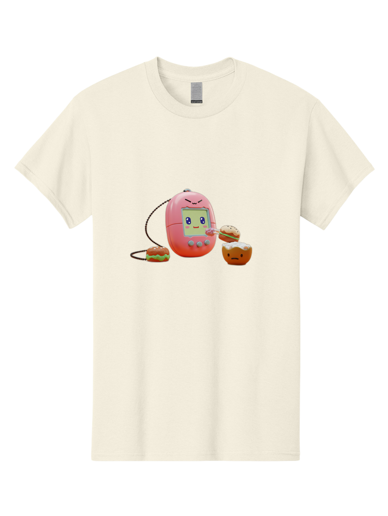 Tamagotchi-Feeding-Burgers Men'S Graphic Tee, 100% Cotton, Comfortable Casual Summer Wear, Machine Washable, Tamagotchi Digital Pet, Cartoon Character, Kawaii Culture, Handheld Game, Pastel Colors, Burger, Food, Digital Creature, Retro Gaming, Bab504 4