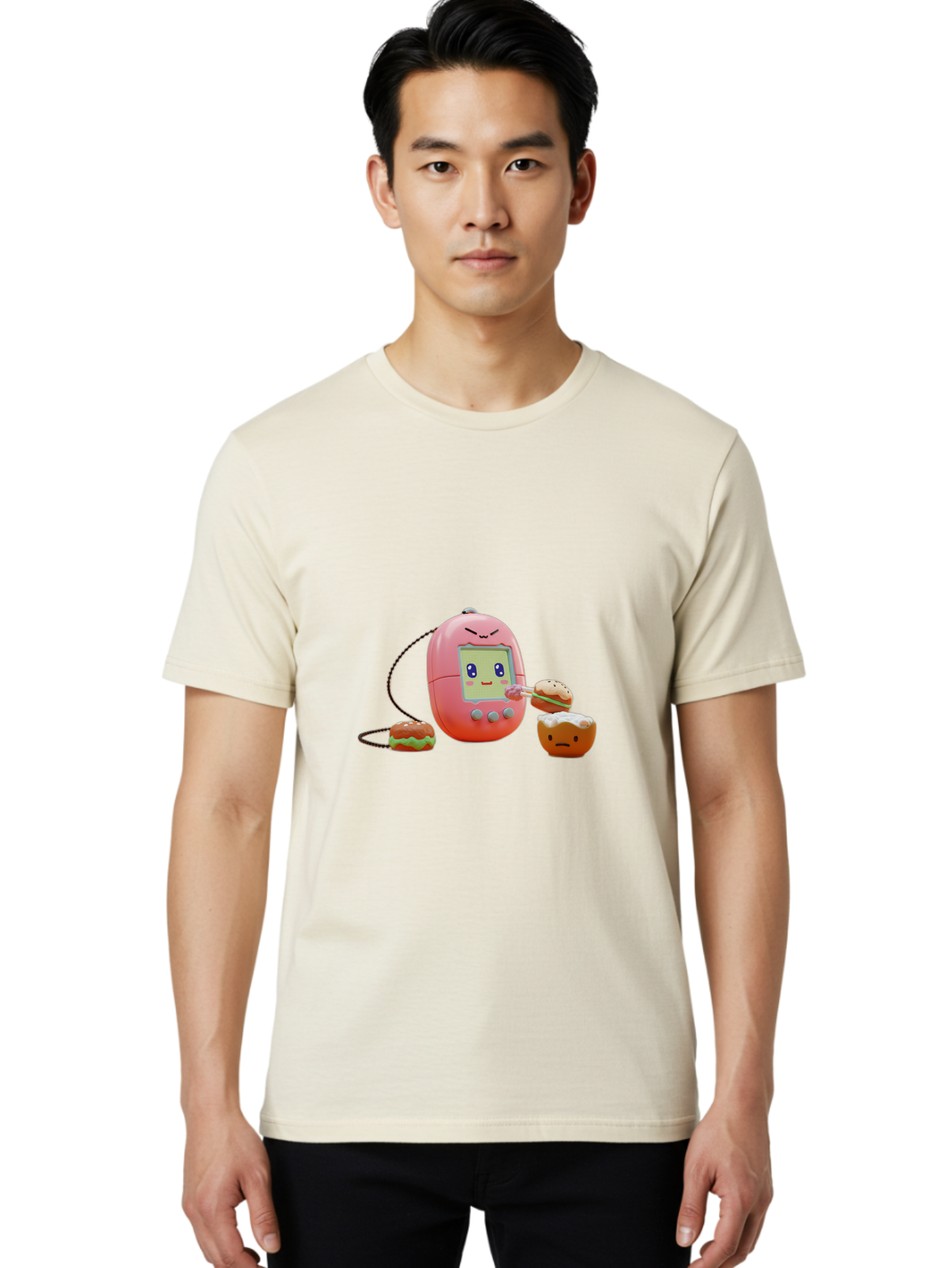 Tamagotchi-Feeding-Burgers Men'S Graphic Tee, 100% Cotton, Comfortable Casual Summer Wear, Machine Washable, Tamagotchi Digital Pet, Cartoon Character, Kawaii Culture, Handheld Game, Pastel Colors, Burger, Food, Digital Creature, Retro Gaming, Bab504 19