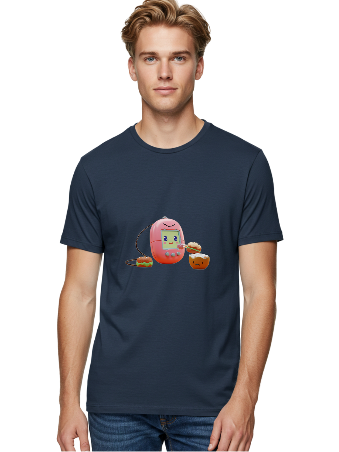 Tamagotchi-Feeding-Burgers Men'S Graphic Tee, 100% Cotton, Comfortable Casual Summer Wear, Machine Washable, Tamagotchi Digital Pet, Cartoon Character, Kawaii Culture, Handheld Game, Pastel Colors, Burger, Food, Digital Creature, Retro Gaming, Bab504 28