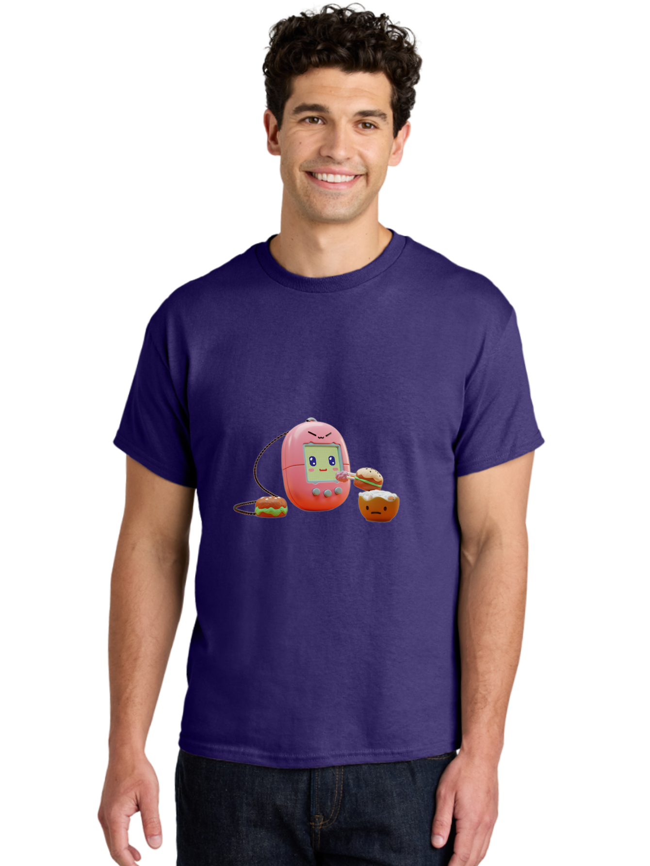 Tamagotchi-Feeding-Burgers Men'S Graphic Tee, 100% Cotton, Comfortable Casual Summer Wear, Machine Washable, Tamagotchi Digital Pet, Cartoon Character, Kawaii Culture, Handheld Game, Pastel Colors, Burger, Food, Digital Creature, Retro Gaming, Bab504 24