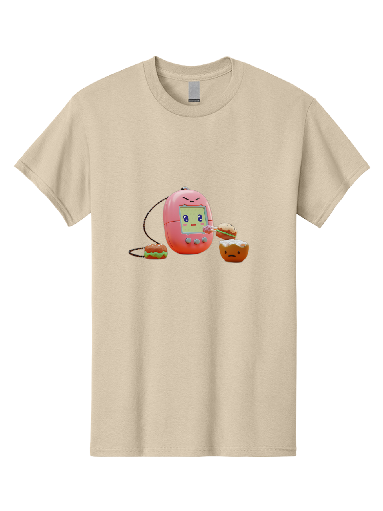 Tamagotchi-Feeding-Burgers Men'S Graphic Tee, 100% Cotton, Comfortable Casual Summer Wear, Machine Washable, Tamagotchi Digital Pet, Cartoon Character, Kawaii Culture, Handheld Game, Pastel Colors, Burger, Food, Digital Creature, Retro Gaming, Bab504 5