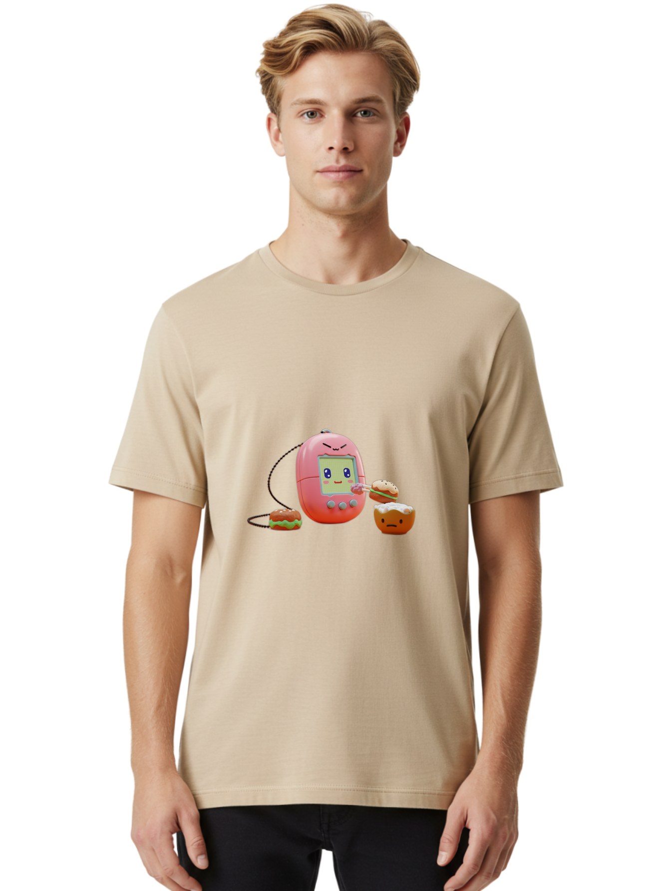 Tamagotchi-Feeding-Burgers Men'S Graphic Tee, 100% Cotton, Comfortable Casual Summer Wear, Machine Washable, Tamagotchi Digital Pet, Cartoon Character, Kawaii Culture, Handheld Game, Pastel Colors, Burger, Food, Digital Creature, Retro Gaming, Bab504 20
