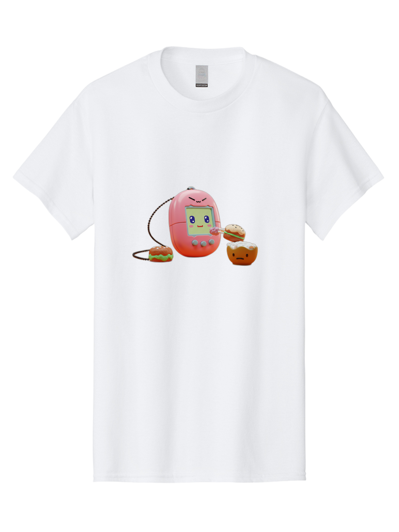 Tamagotchi-Feeding-Burgers Men'S Graphic Tee, 100% Cotton, Comfortable Casual Summer Wear, Machine Washable, Tamagotchi Digital Pet, Cartoon Character, Kawaii Culture, Handheld Game, Pastel Colors, Burger, Food, Digital Creature, Retro Gaming, Bab504 15