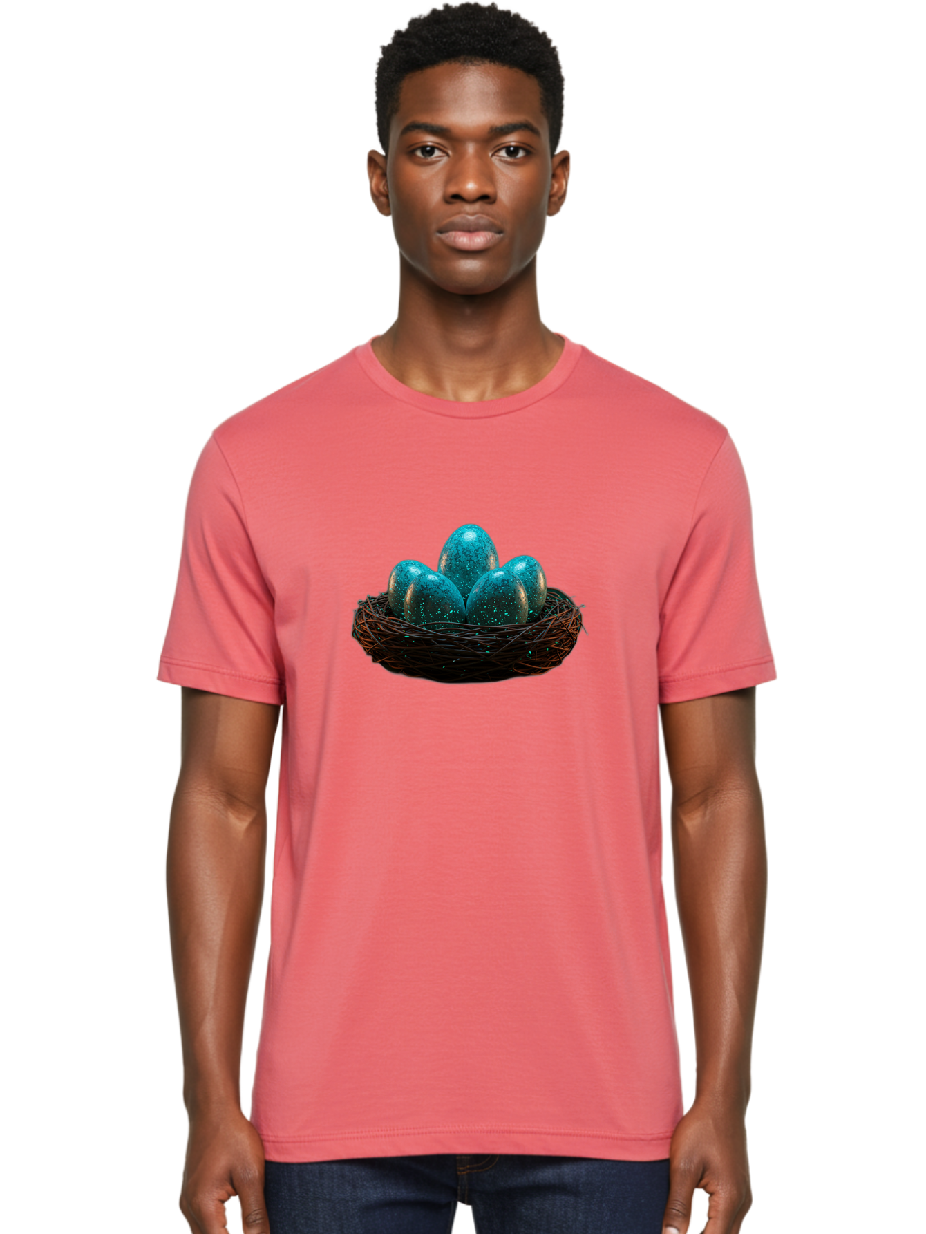 Three-Blue-Eggs-In-A-Nest Men'S Graphic Tee, 100% Cotton, Comfortable Casual Summer Wear, Machine Washable, Blue Eggs, Bird'S Nest, Twig Nest, Speckled Eggs, Shiny Eggs, Natural Elements, Earthy Tones, Symbolic Eggs, Decorative Nest Bab532 17