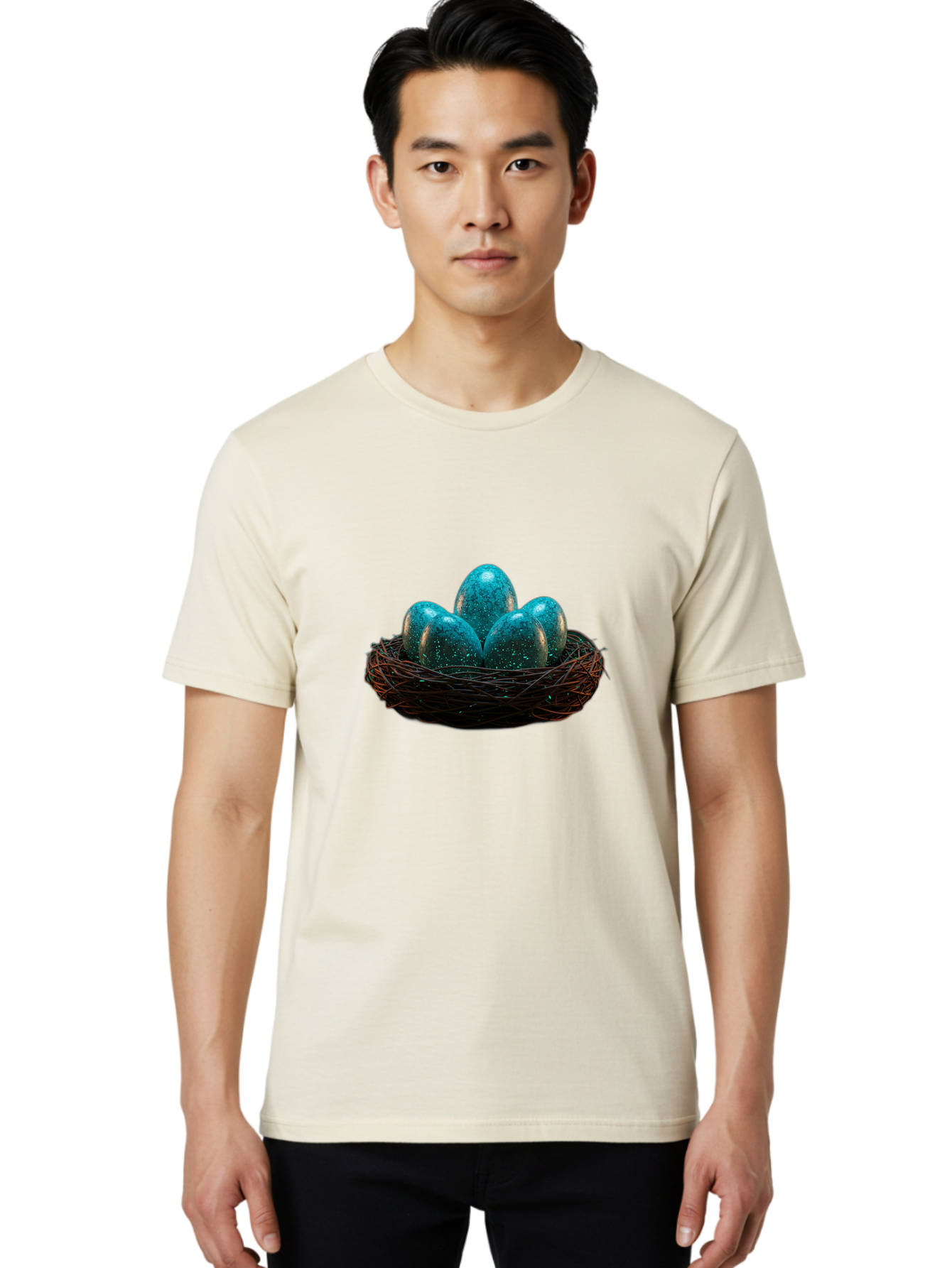 Three-Blue-Eggs-In-A-Nest Men'S Graphic Tee, 100% Cotton, Comfortable Casual Summer Wear, Machine Washable, Blue Eggs, Bird'S Nest, Twig Nest, Speckled Eggs, Shiny Eggs, Natural Elements, Earthy Tones, Symbolic Eggs, Decorative Nest Bab532 30