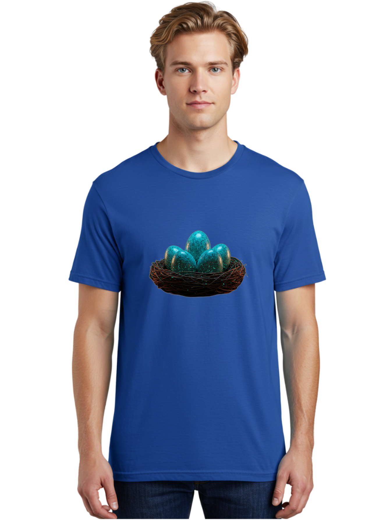 Three-Blue-Eggs-In-A-Nest Men'S Graphic Tee, 100% Cotton, Comfortable Casual Summer Wear, Machine Washable, Blue Eggs, Bird'S Nest, Twig Nest, Speckled Eggs, Shiny Eggs, Natural Elements, Earthy Tones, Symbolic Eggs, Decorative Nest Bab532 16