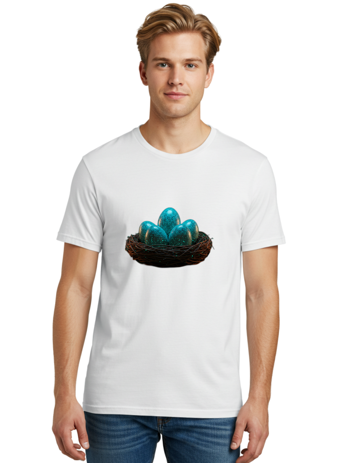 Three-Blue-Eggs-In-A-Nest Men'S Graphic Tee, 100% Cotton, Comfortable Casual Summer Wear, Machine Washable, Blue Eggs, Bird'S Nest, Twig Nest, Speckled Eggs, Shiny Eggs, Natural Elements, Earthy Tones, Symbolic Eggs, Decorative Nest Bab532 29