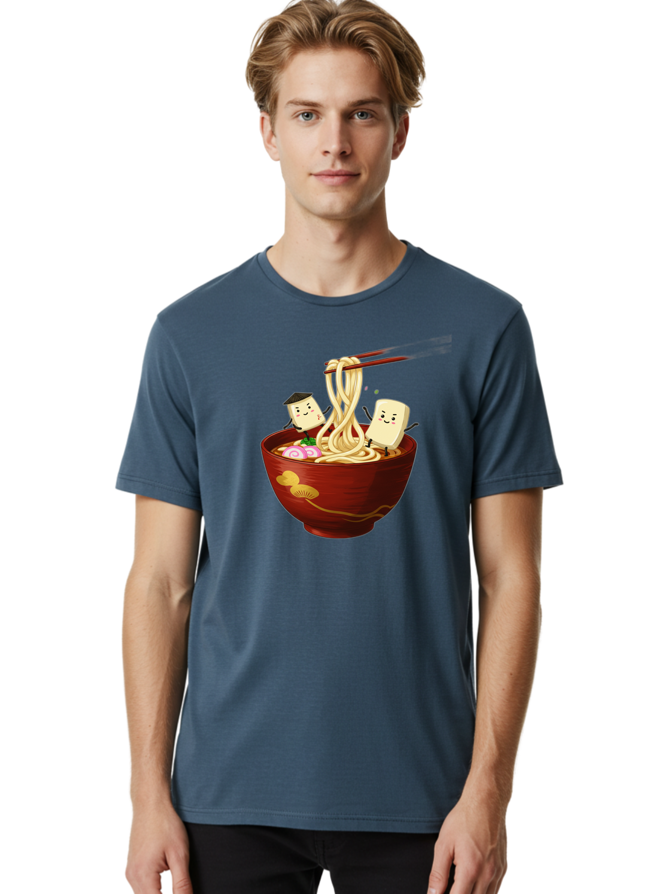 Tofu-And-Noodles Men'S Graphic Tee, 100% Cotton, Comfortable Casual Summer Wear, Machine Washable, Cartoon Tofu, Ramen Noodles, Chopsticks, Food Illustration, Japanese Cuisine, Animated Characters, Funny Scene, Noodle Bowl, Cartoon Food, Bab539 21