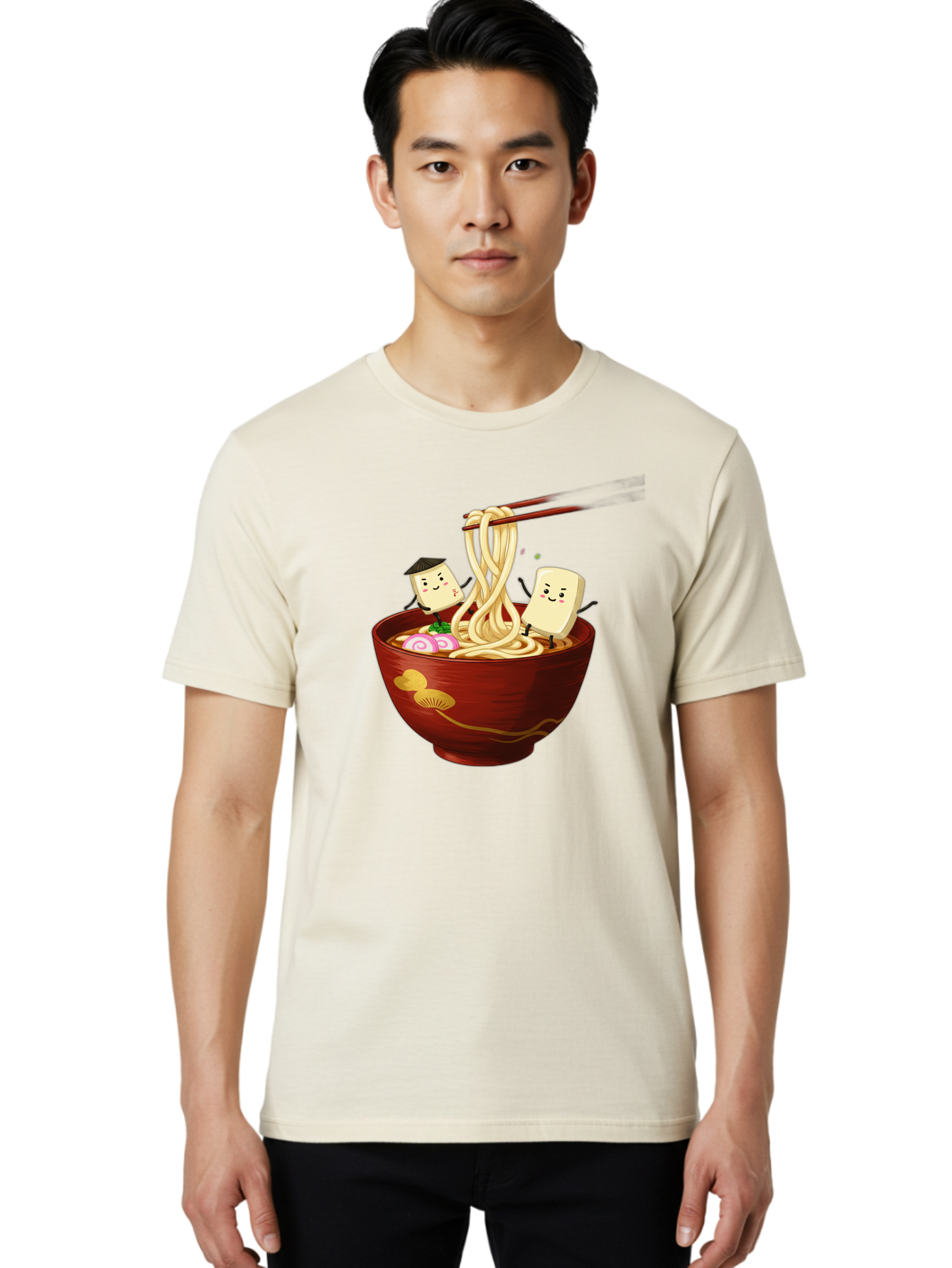 Tofu-And-Noodles Men'S Graphic Tee, 100% Cotton, Comfortable Casual Summer Wear, Machine Washable, Cartoon Tofu, Ramen Noodles, Chopsticks, Food Illustration, Japanese Cuisine, Animated Characters, Funny Scene, Noodle Bowl, Cartoon Food, Bab539 19