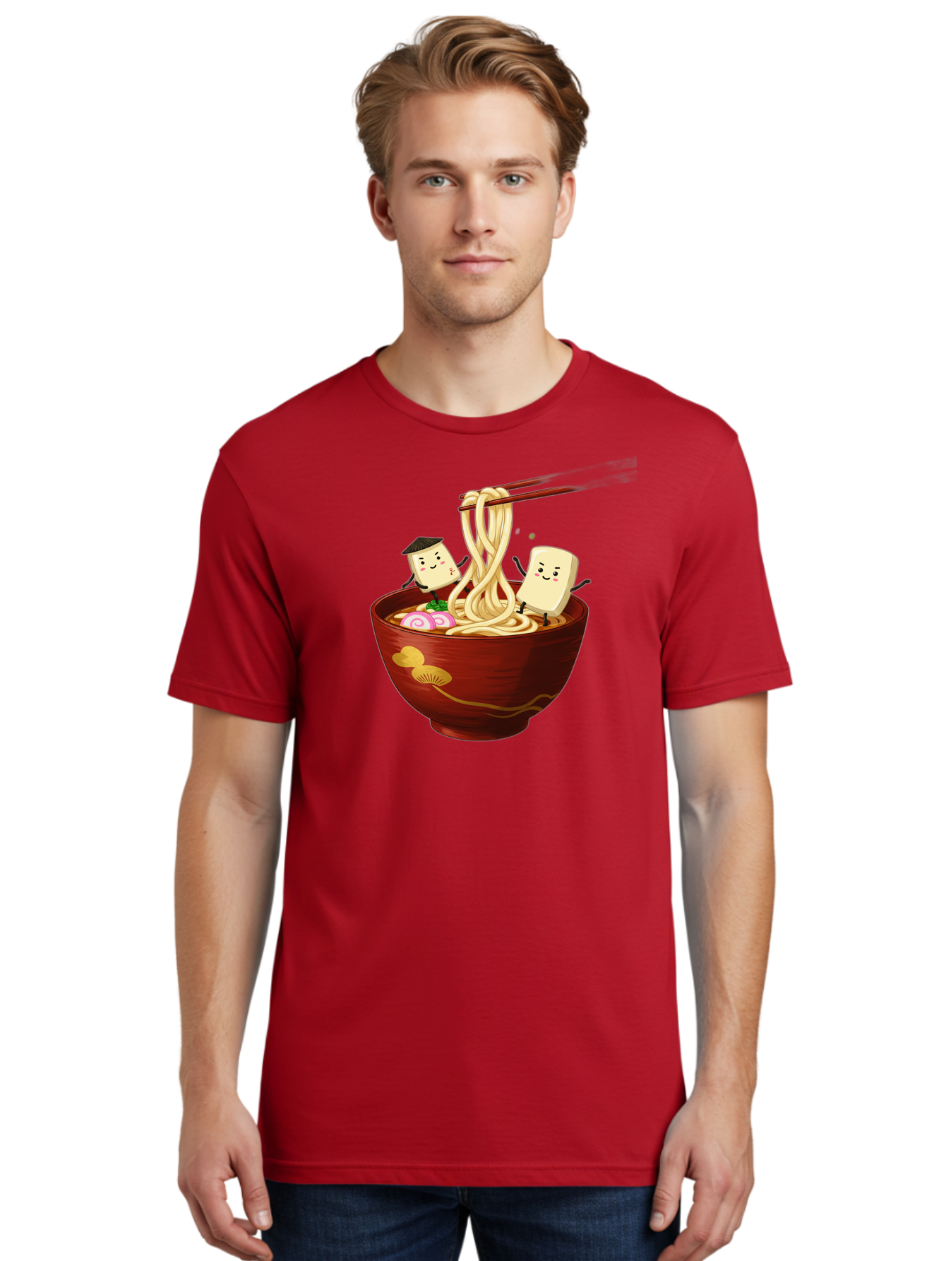 Tofu-And-Noodles Men'S Graphic Tee, 100% Cotton, Comfortable Casual Summer Wear, Machine Washable, Cartoon Tofu, Ramen Noodles, Chopsticks, Food Illustration, Japanese Cuisine, Animated Characters, Funny Scene, Noodle Bowl, Cartoon Food, Bab539 17