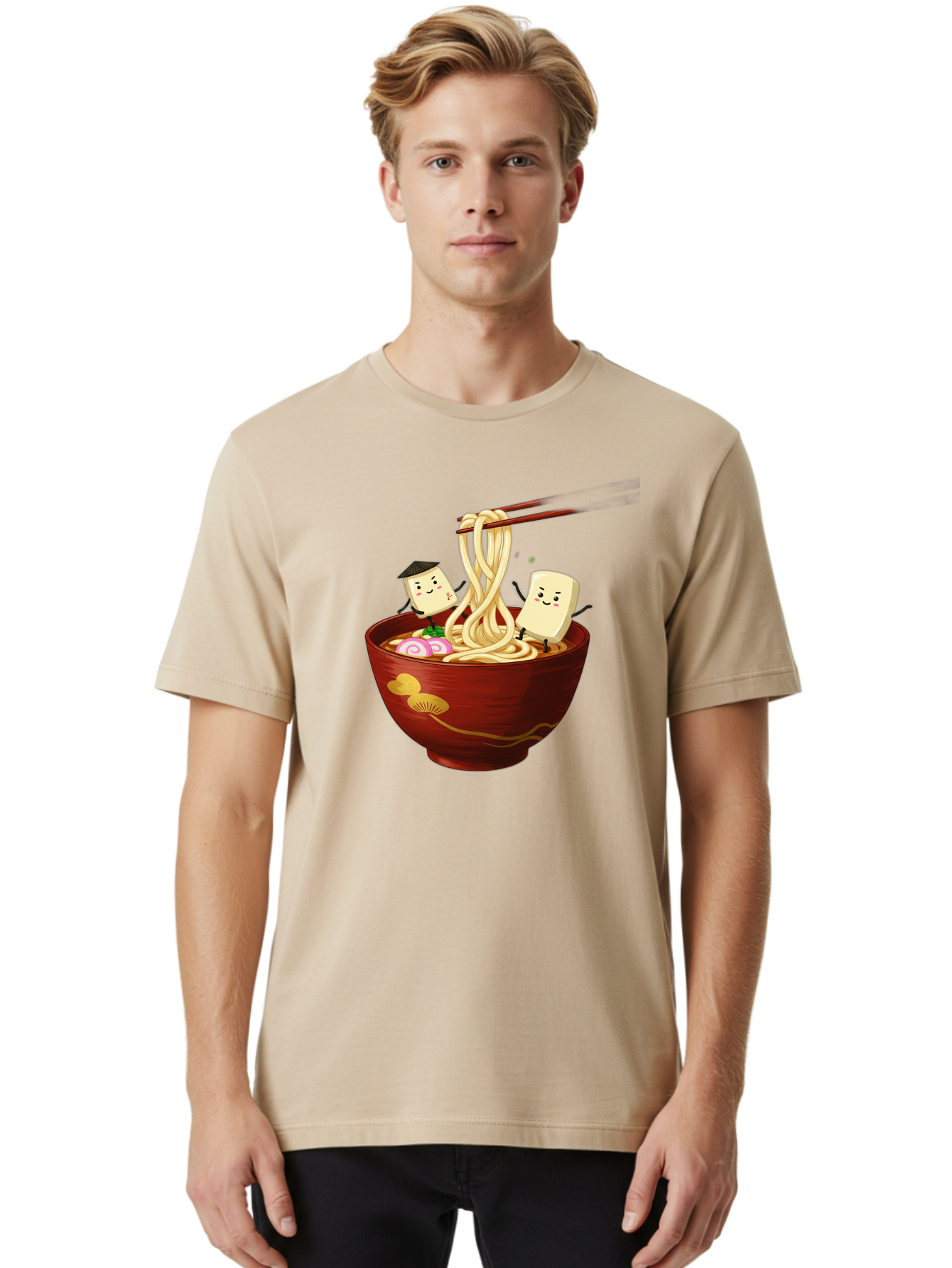 Tofu-And-Noodles Men'S Graphic Tee, 100% Cotton, Comfortable Casual Summer Wear, Machine Washable, Cartoon Tofu, Ramen Noodles, Chopsticks, Food Illustration, Japanese Cuisine, Animated Characters, Funny Scene, Noodle Bowl, Cartoon Food, Bab539 27