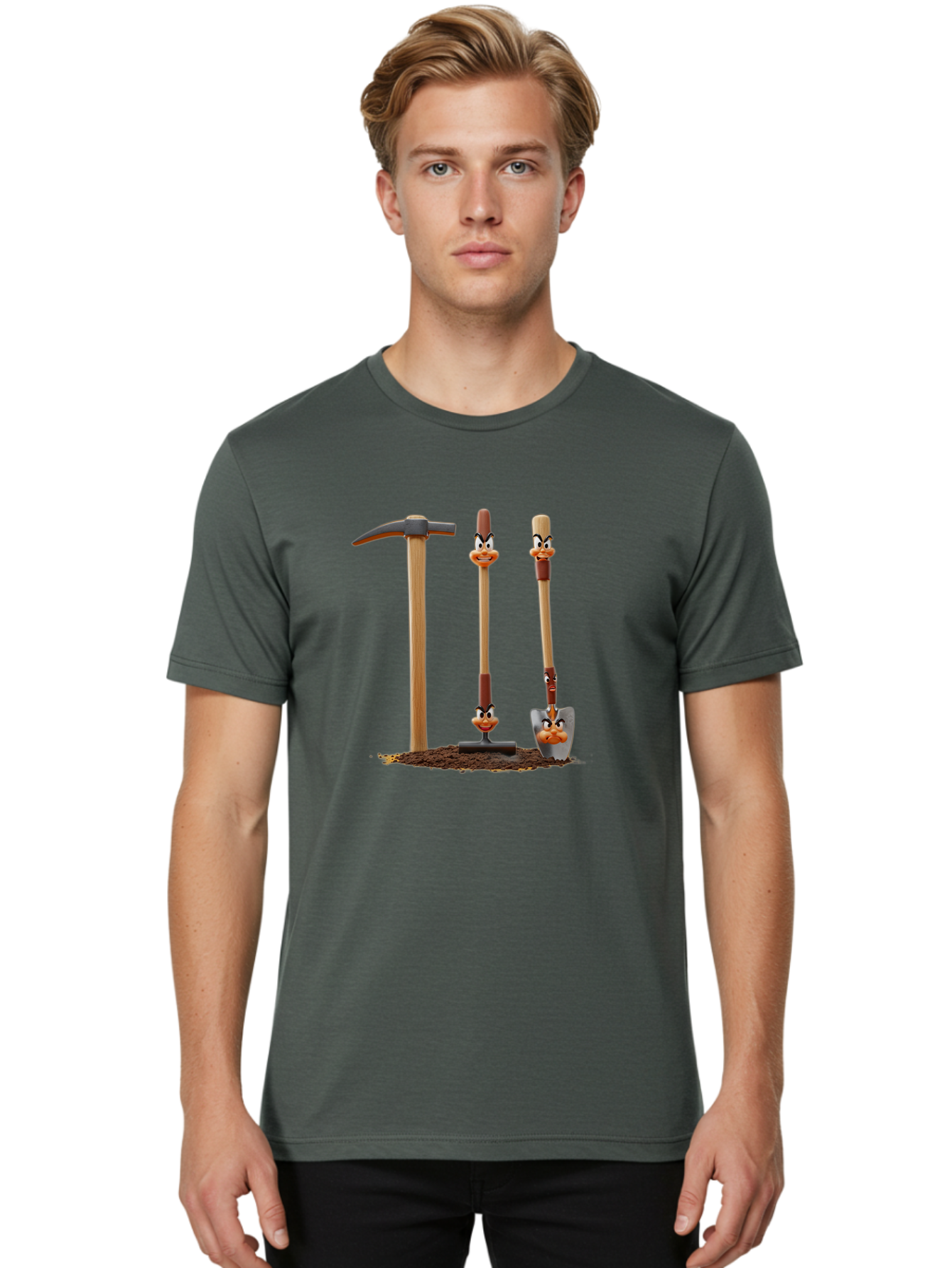 Tools-With-Duck-Faces Men'S Graphic Tee, 100% Cotton, Comfortable Casual Summer Wear, Machine Washable, Wooden Handled Tools, Hammer, Spade, Pickaxe, Cartoon Duck Faces, Gardening Equipment, Humorous Illustration, Quirky Design, Funny Tools, Bab540 21