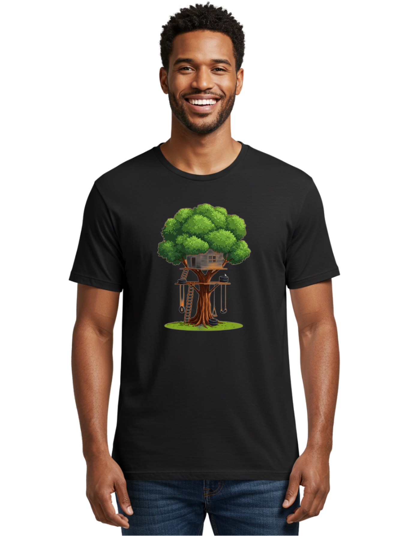 Treehouse Men'S Graphic Tee, 100% Cotton, Comfortable Casual Summer Wear, Machine Washable, Treehouse In The Tree, Wooden Ladder, Rope Swings, Natural Scenery, Outdoor Play, Whimsical Design, Fantasy Getaway, Imaginative Play, Bab552 25