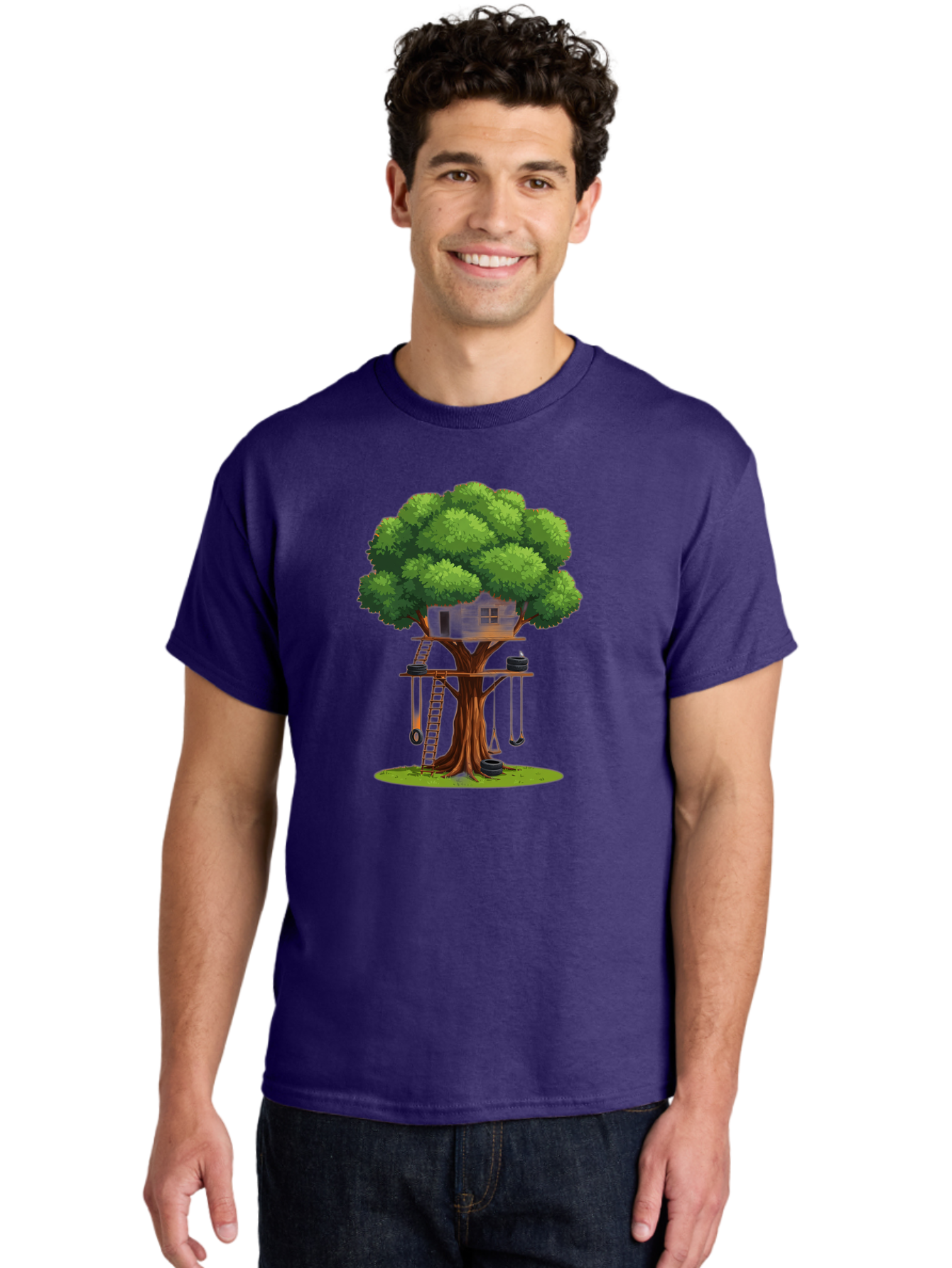 Treehouse Men'S Graphic Tee, 100% Cotton, Comfortable Casual Summer Wear, Machine Washable, Treehouse In The Tree, Wooden Ladder, Rope Swings, Natural Scenery, Outdoor Play, Whimsical Design, Fantasy Getaway, Imaginative Play, Bab552 16