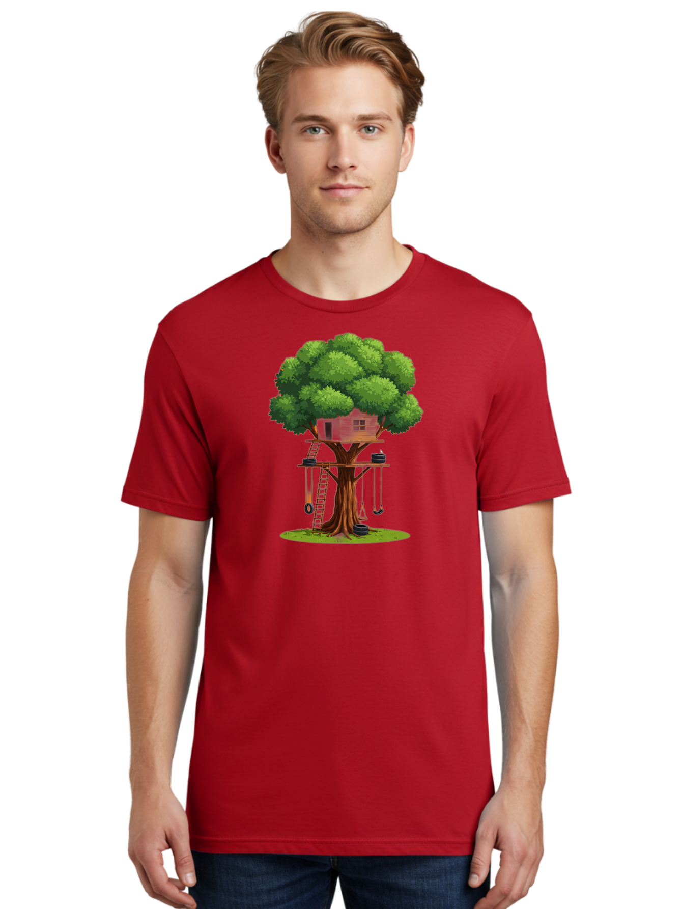 Treehouse Men'S Graphic Tee, 100% Cotton, Comfortable Casual Summer Wear, Machine Washable, Treehouse In The Tree, Wooden Ladder, Rope Swings, Natural Scenery, Outdoor Play, Whimsical Design, Fantasy Getaway, Imaginative Play, Bab552 21
