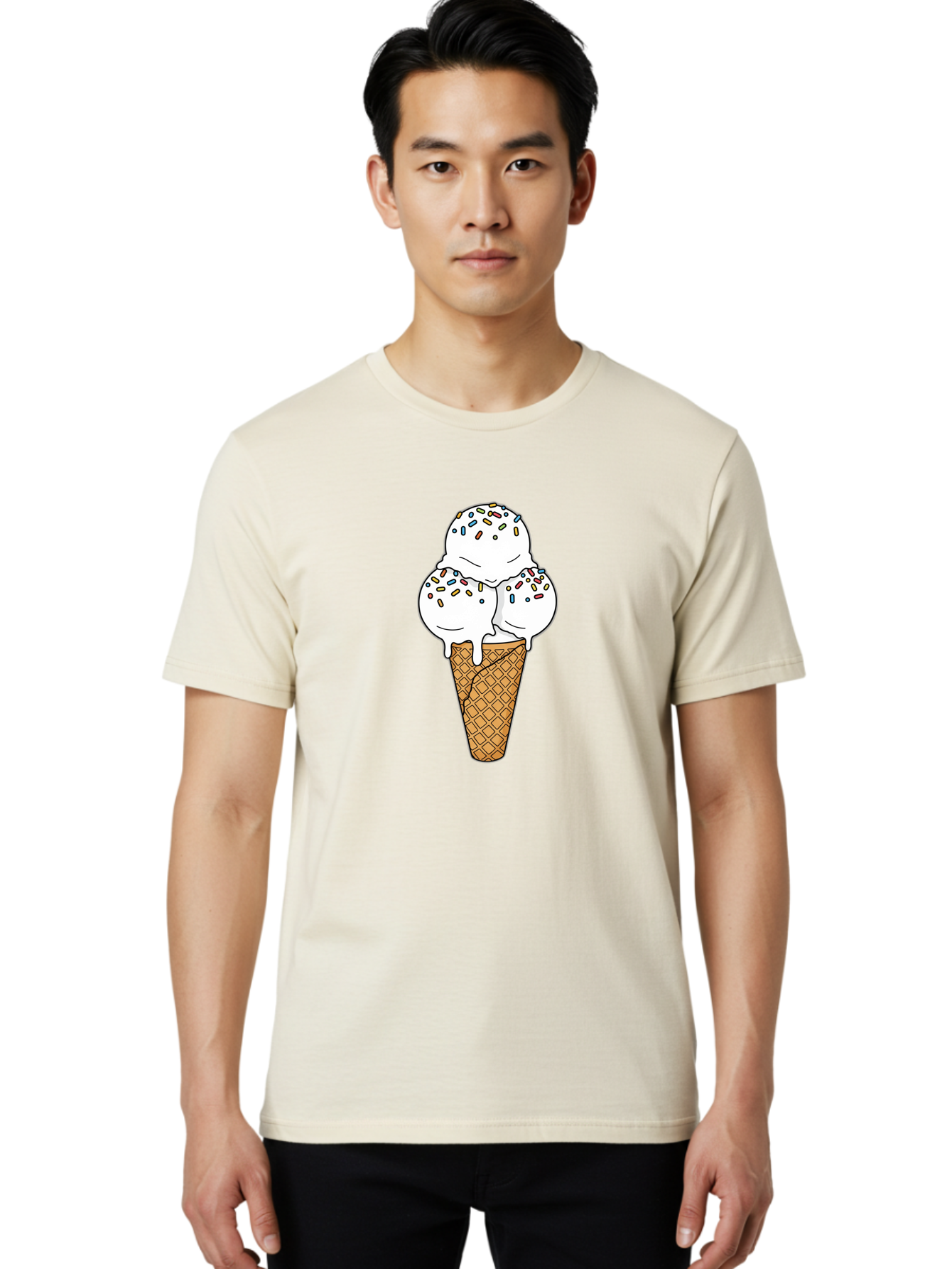 Tri-Scoop-Ice-Cream-Cone Men'S Graphic Tee, 100% Cotton, Comfortable Casual Summer Wear, Machine Washable, White Ice Cream, Colorful Sprinkles, Melting Ice Cream, Waffle Cone, Sweet Treat, Colorful Dessert, Summer Treat, Ice Cream Cone Bab553 25