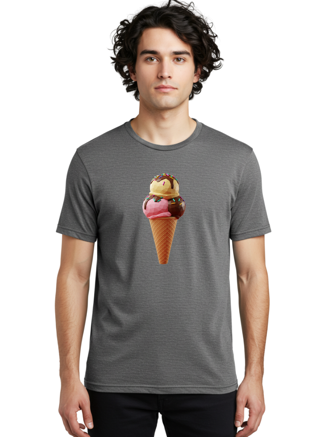 Triple-Scoop-Ice-Cream-1 Men'S Graphic Tee, 100% Cotton, Comfortable Casual Summer Wear, Machine Washable, Tri-Colored Ice Cream Cone, Sweet Treats, Colorful Dessert, Waffle Cone, Chocolate Sauce, Sprinkles, Pink Ice Cream, Brown Ice Cream, Bab554 22