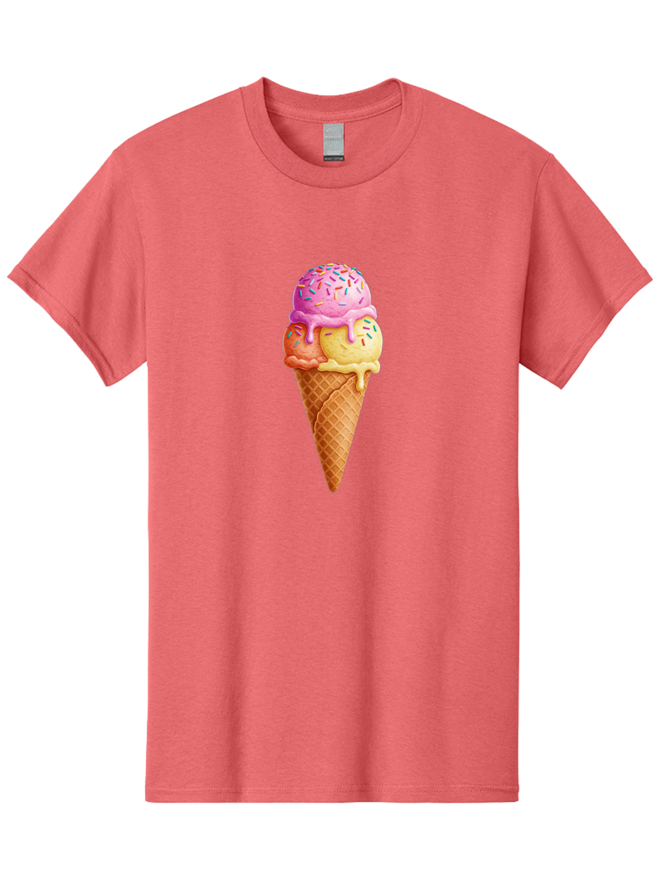 Triple-Scoop-Ice-Cream-3 Men'S Graphic Tee, 100% Cotton, Comfortable Casual Summer Wear, Machine Washable, Triple Scoop Ice Cream, Waffle Cone, Colorful Sprinkles, Melting Ice Cream, Sweet Treat, Dessert Delight, Pastel Colors, Summer Fun, Bab556 2