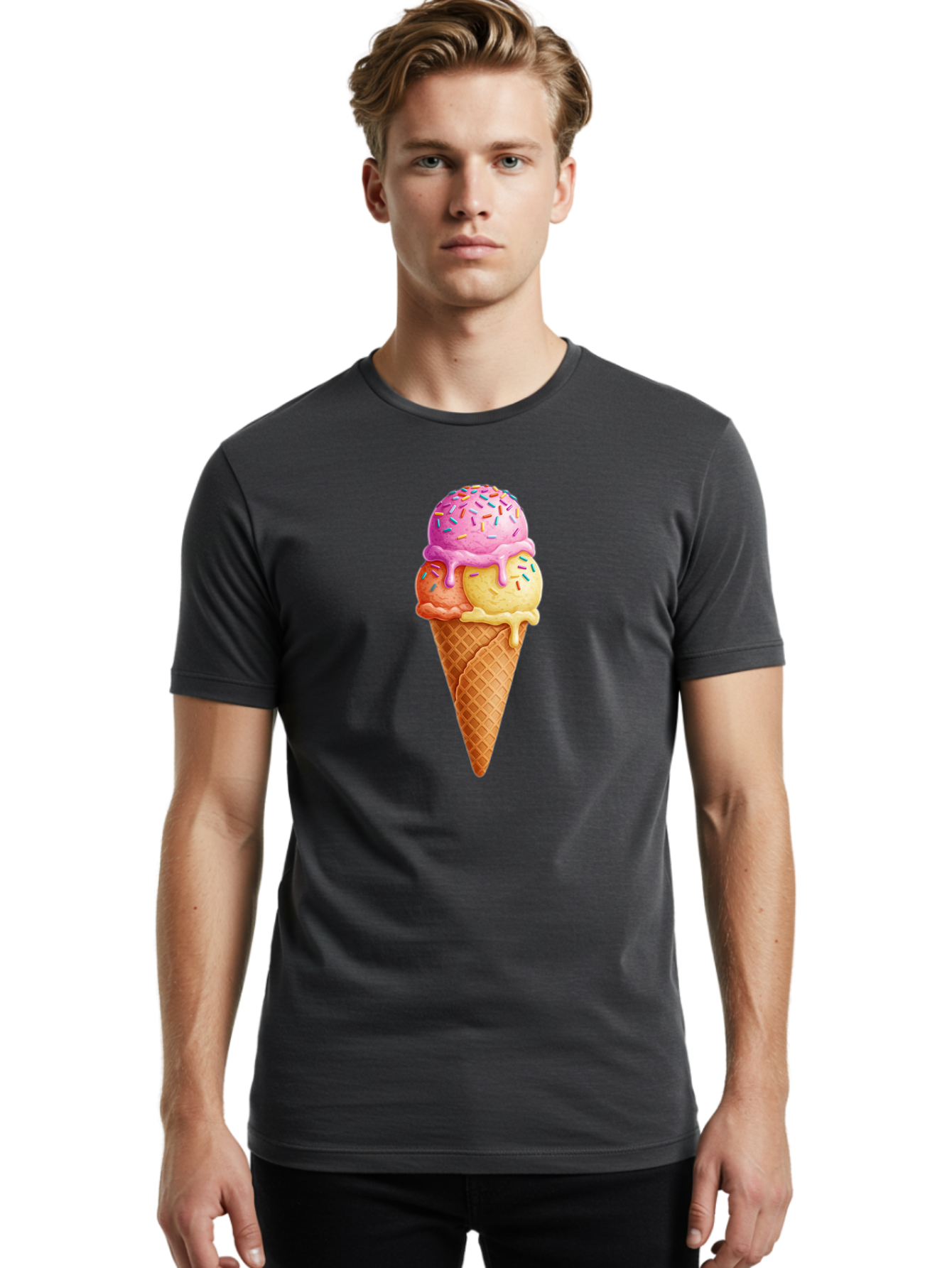 Triple-Scoop-Ice-Cream-3 Men'S Graphic Tee, 100% Cotton, Comfortable Casual Summer Wear, Machine Washable, Triple Scoop Ice Cream, Waffle Cone, Colorful Sprinkles, Melting Ice Cream, Sweet Treat, Dessert Delight, Pastel Colors, Summer Fun, Bab556 30