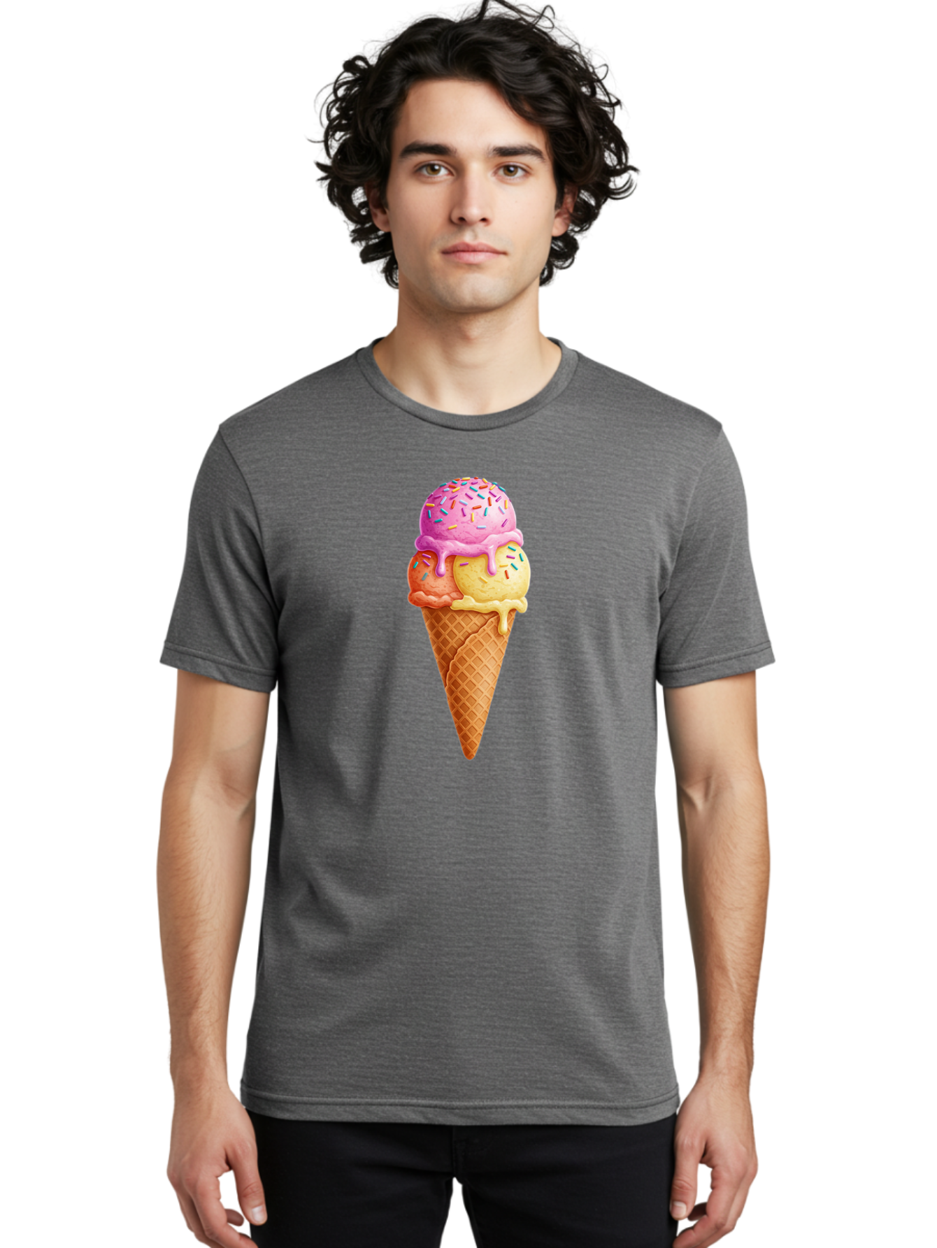 Triple-Scoop-Ice-Cream-3 Men'S Graphic Tee, 100% Cotton, Comfortable Casual Summer Wear, Machine Washable, Triple Scoop Ice Cream, Waffle Cone, Colorful Sprinkles, Melting Ice Cream, Sweet Treat, Dessert Delight, Pastel Colors, Summer Fun, Bab556 22