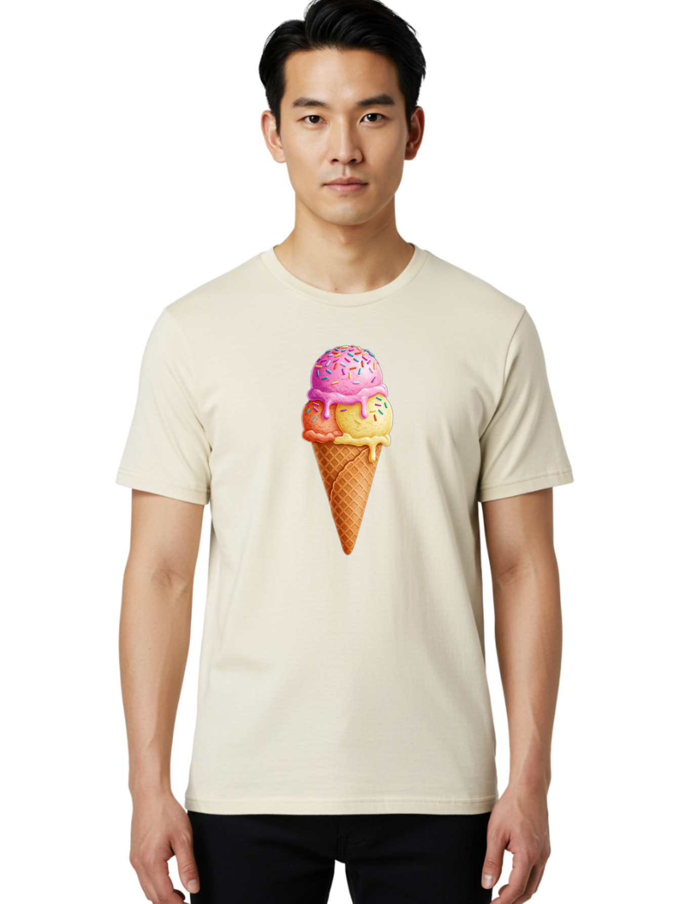 Triple-Scoop-Ice-Cream-3 Men'S Graphic Tee, 100% Cotton, Comfortable Casual Summer Wear, Machine Washable, Triple Scoop Ice Cream, Waffle Cone, Colorful Sprinkles, Melting Ice Cream, Sweet Treat, Dessert Delight, Pastel Colors, Summer Fun, Bab556 28