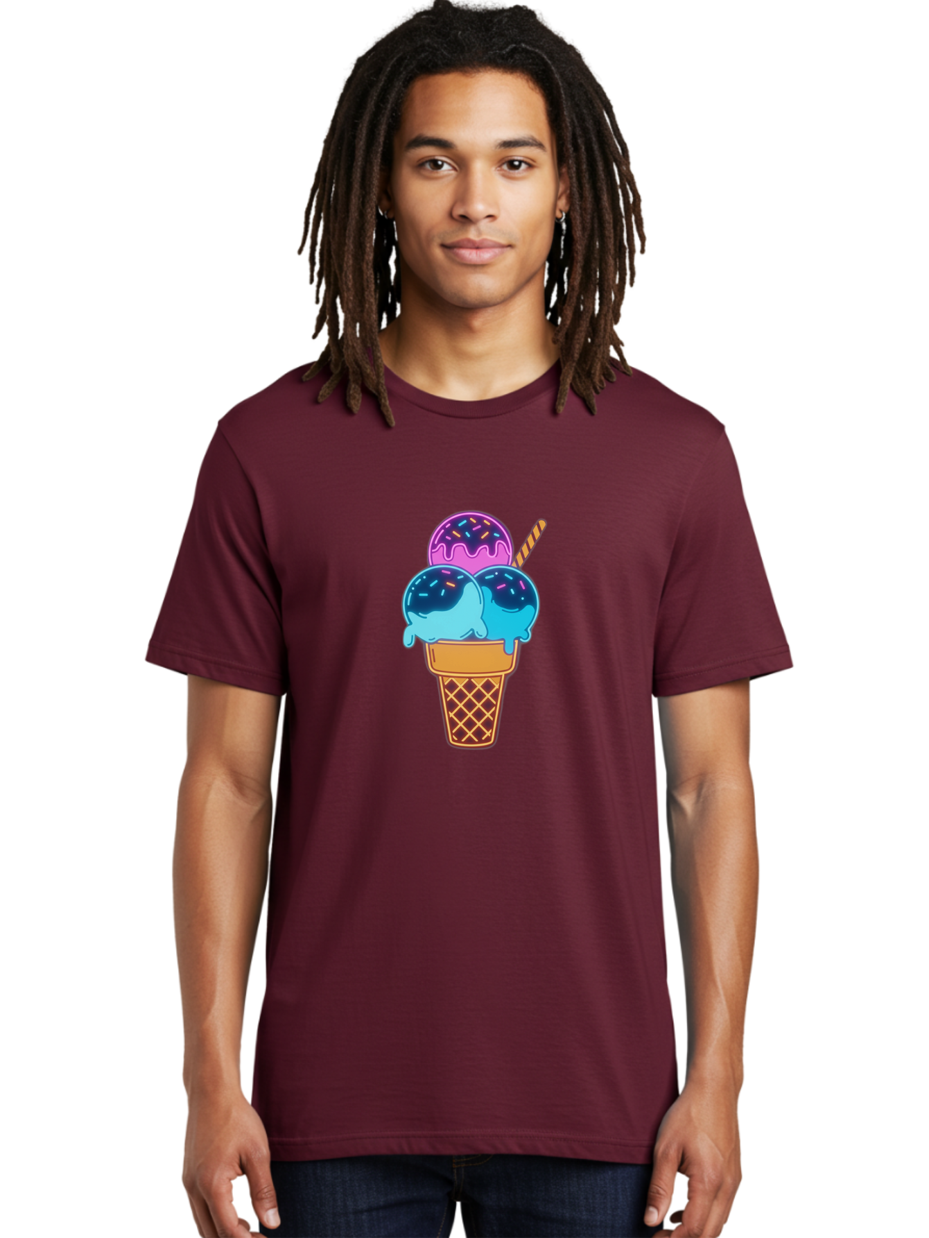 Triple-Scoop-Ice-Cream Men'S Graphic Tee, 100% Cotton, Comfortable Casual Summer Wear, Machine Washable, Ice Cream Cone, Three Scoops, Colorful Treats, Sweet Dessert, Sprinkles, Waffle Cone, Summer Fun, Creamy Texture, Vibrant Colors, Bab557 16