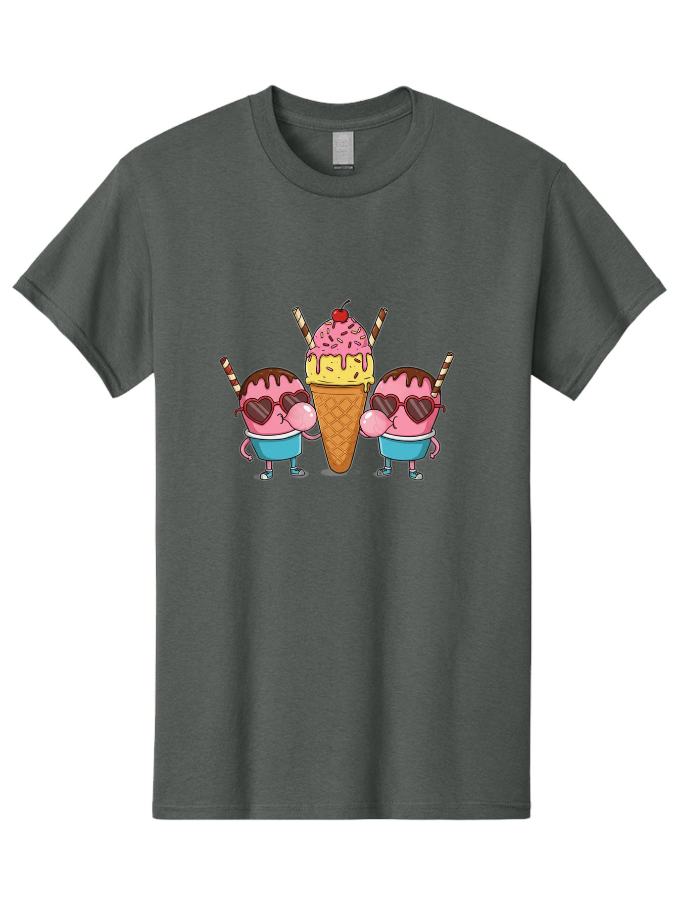 Twin-Ice-Cream Men'S Graphic Tee, 100% Cotton, Comfortable Casual Summer Wear, Machine Washable, Cartoon Ice Cream Characters, Heart-Shaped Sunglasses, Dripping Chocolate, Pink And Yellow Ice Cream, Sprinkles, Cherry On Top, Striped Straws, Bab559 5